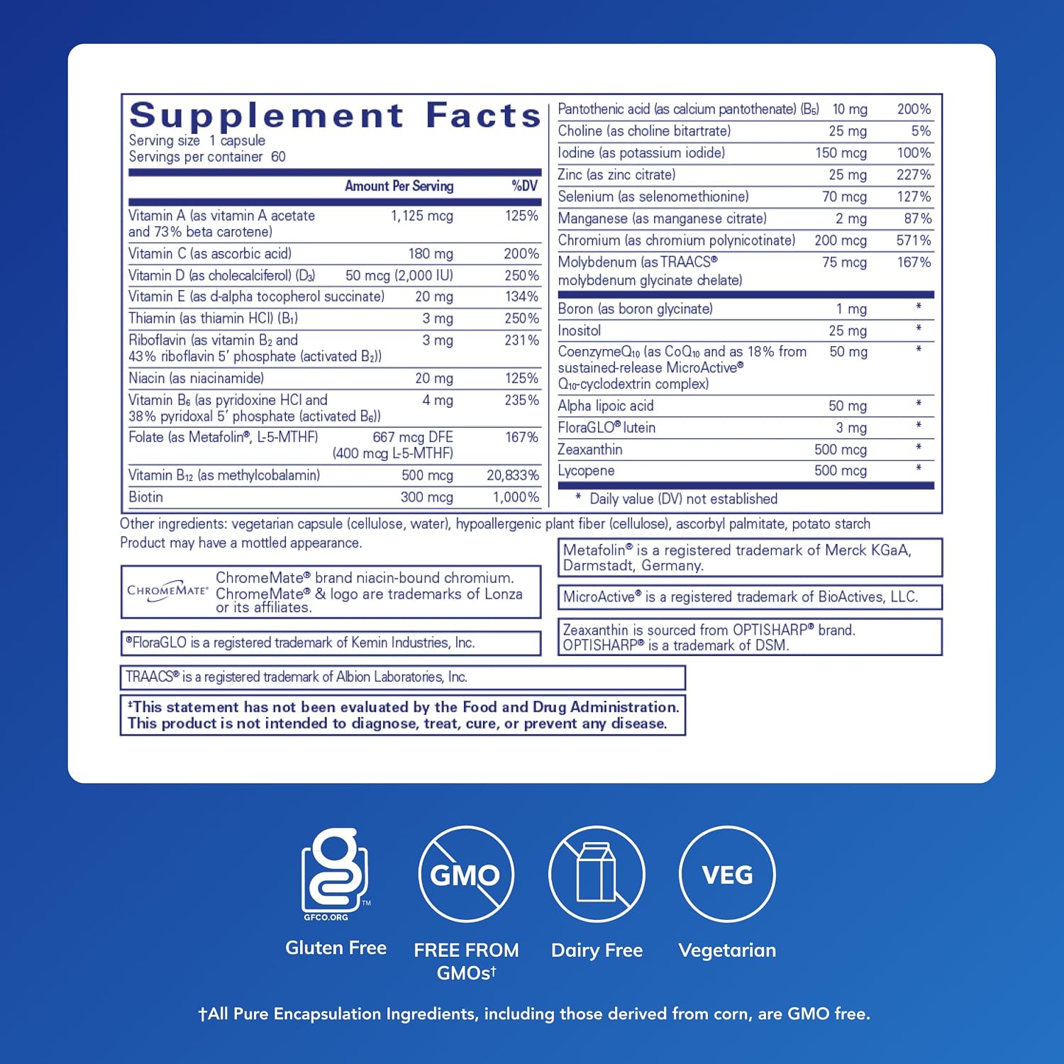 Pure Encapsulations O.N.E. Multivitamin, 60 Capsules | Once Daily Multivitamin with Antioxidant Complex Metafolin, CoQ10, and Lutein to Support Vision, Cognitive Function*