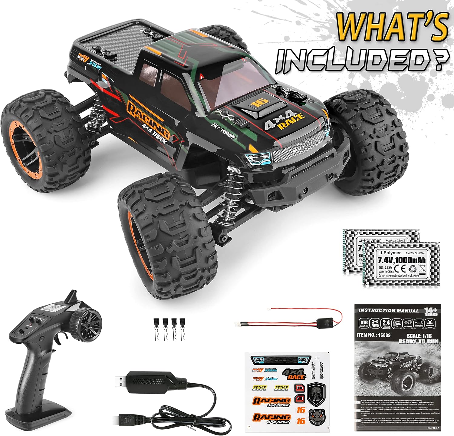 HAIBOXING Remote Control Car 16889, 1:16 Scale 2.4Ghz RC Cars 4x4 Off Road Trucks, Waterproof RTR RC Monster Truck 36KM/H