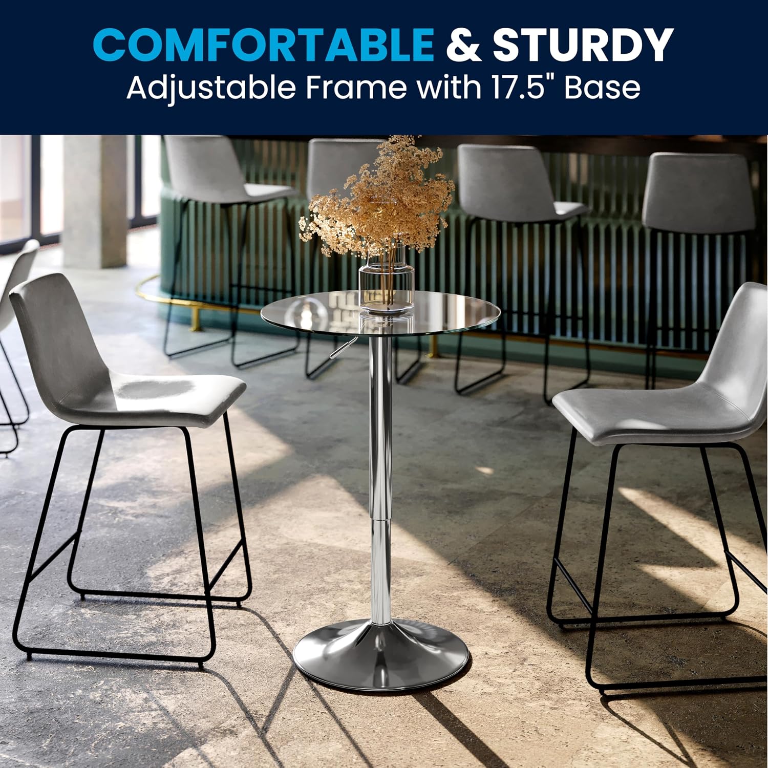Flash Furniture Chad 23.5'' Round Glass Cocktail Table with Adjustable Height Frame, Bar Height Table for Commercial or Residential Use, Clear/Chrome