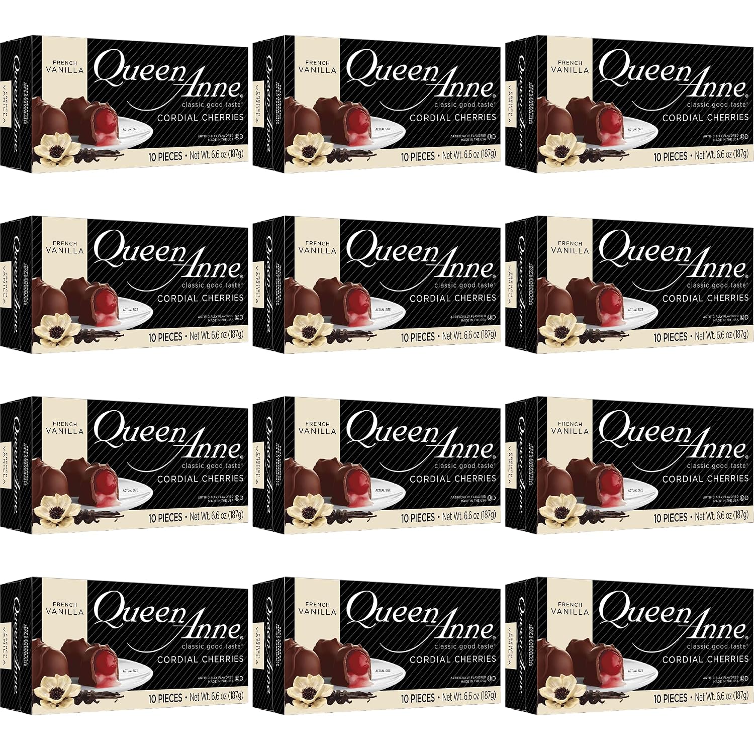 Queen Anne French Vanilla Chocolate Covered Cordial Cherries | 6.6 oz | 10 Piece Gift Boxes | Whole Maraschino Cherry Creamy Filled Liquid Center | Holiday Party Chocolate Candy