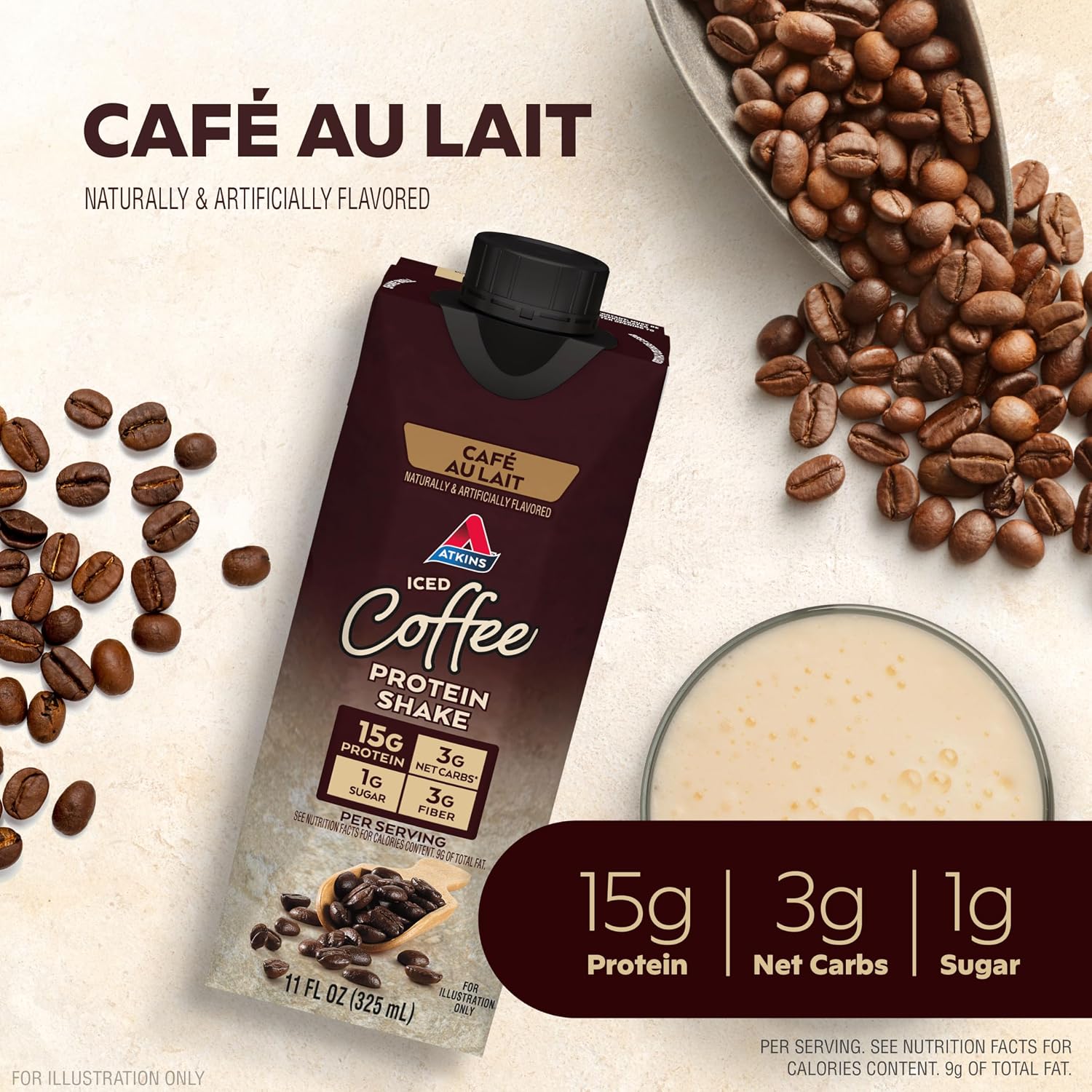 Atkins Café au Lait Iced Coffee Flavored High Protein Shake, Low Sugar and Low Carb, Keto Friendly, Ready to Drink Protein Drink, Gluten Free
