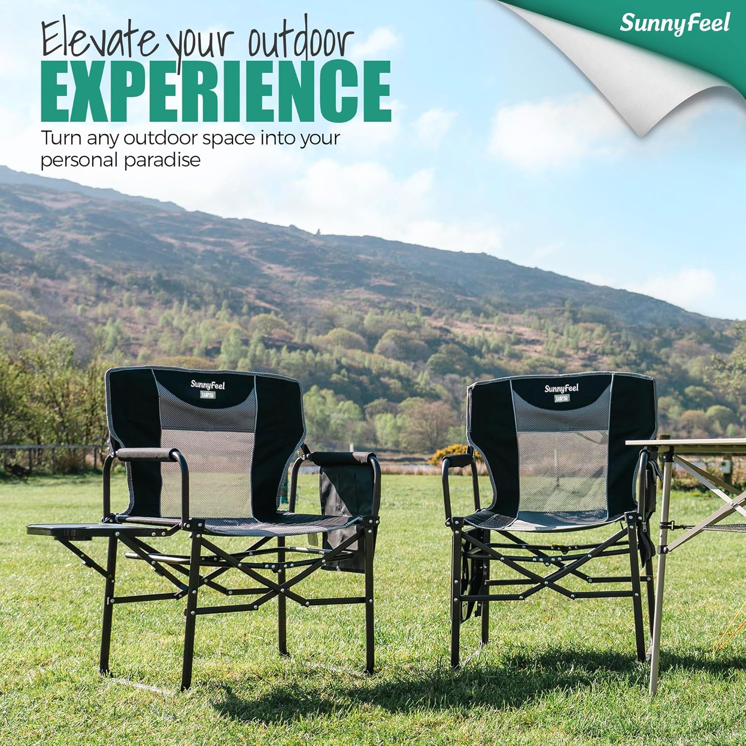 SUNNYFEEL Oversized Camping Directors Chair 500 LBS Heavy Duty, Portable Folding Chair with Side Table, Pocket for Beach, Fishing, Trip, Picnic, Lawn