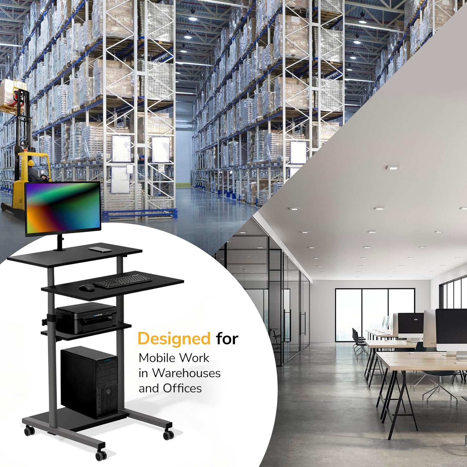Mount-It! Black Rolling Standing Desk, Adjustable Height up to 54.7", Portable Laptop Podium Desk on Wheels, Mobile Computer Workstation with 4 Shelves 27.5" Wide, Cart for Home Office or Classroom