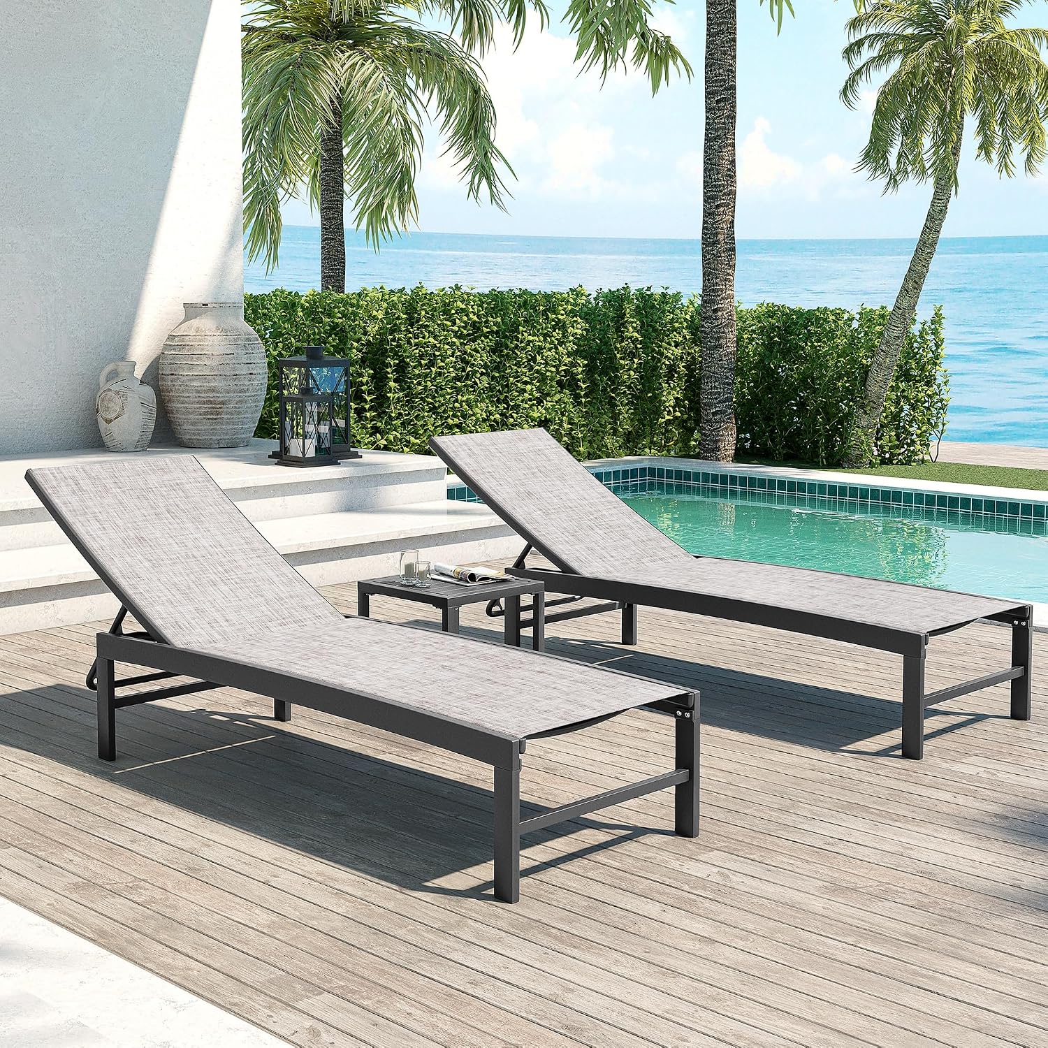 Crestlive Products Outdoor Pool Lounge Chairs Set of 2 with Side Table, Adjustable Five-Position Recliner for Beach, Pool, Sunbathing, Lawn