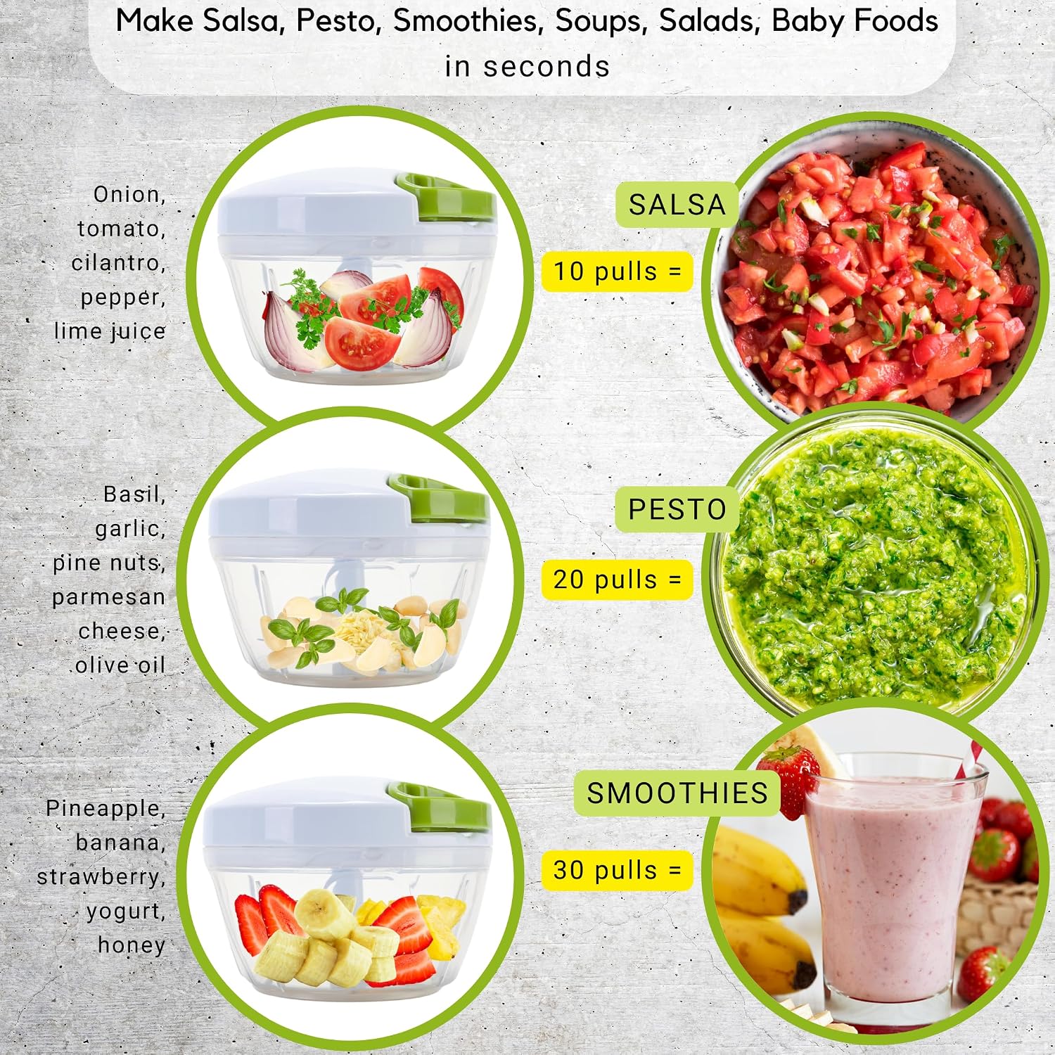 Brieftons QuickPull Manual Food Chopper, 4-Cup Hand Pull String Chopper, No Electricity, Chops Onion Tear-Free, Garlic, Vegetables, Herbs, Nuts for Salsa, Guacamole, Pesto, Baby Food, RV, Camping