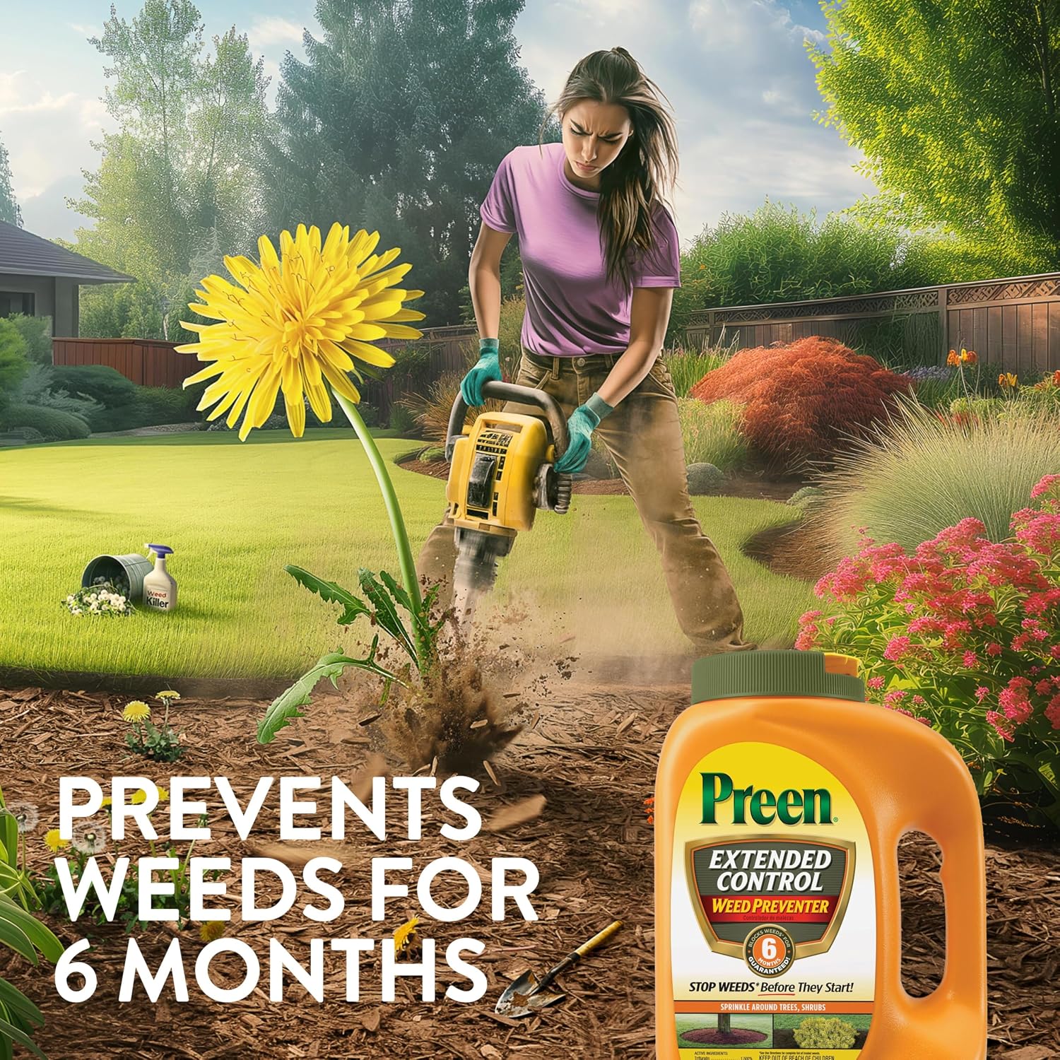Preen Extended Control Weed Preventer - 4.93 lb. Bottle - Covers 805 sq. ft. | PreEmergent Herbicide for Garden Weed Control –Prevents Weeds up to 6 Months – For Perennials and Shrubs