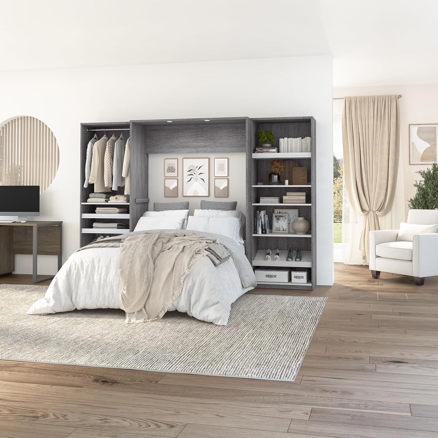 Bestar Cielo Full Murphy Bed with 2 Closet Organizers (119W) in Bark Gray and White, Sleeping Arrangement for Multipurpose Room | 2 Closet Organizers