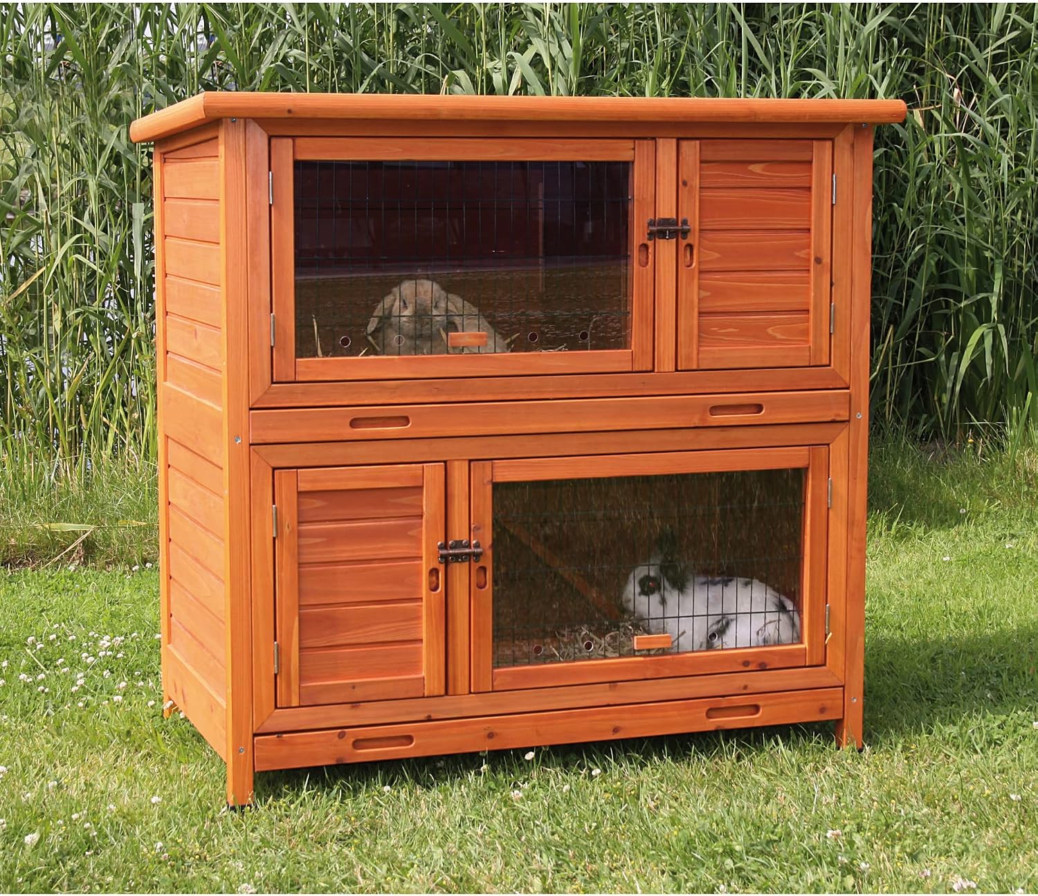 Trixie 2-Story Rabbit Hutch with Retreat Area, Non-Slip Ramp, Hinged Roof with Locking Arm, 4 Doors, 2 Metal Slide Latches, and Pull-Out Trays for Easy Cleaning