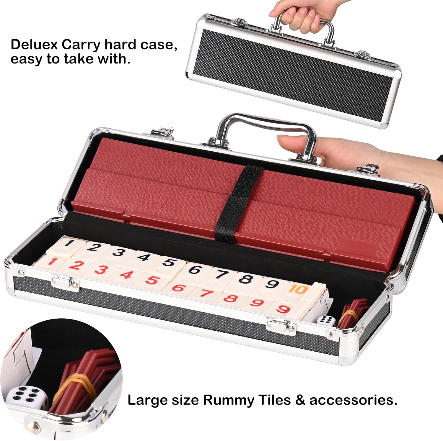 Doublefan Rummy Cube 4 Player Edition, 106 Rummy Cube Game Set with with 4 Plastic Racks in Portable Aluminum Case