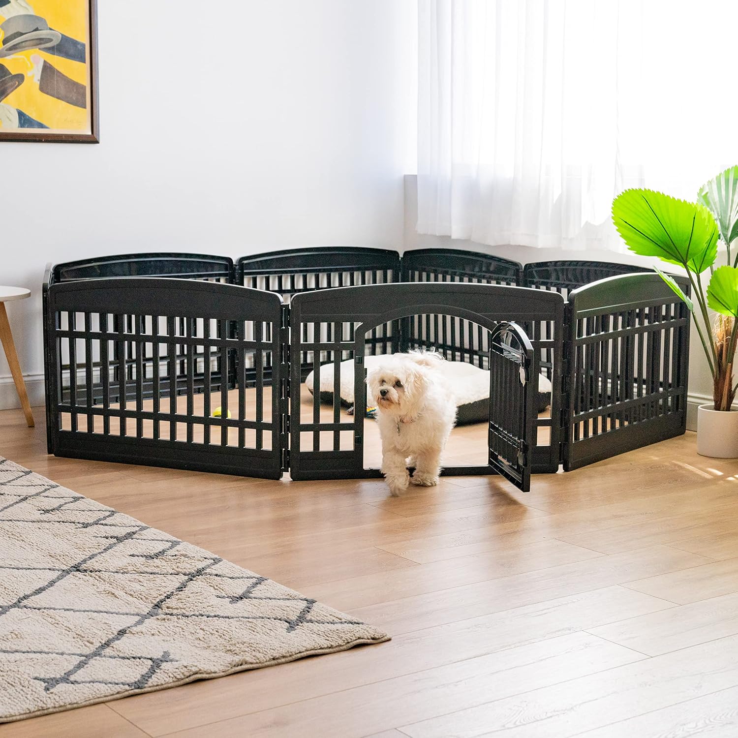 IRIS USA 4-Panel Dog Playpen, Pet Enclosure, Black | Pet Containment, Configurable Layout, Multi-Shape Setup, Custom Pen Configuration, Stable Non-Tip Base, Tool-Free Assembly
