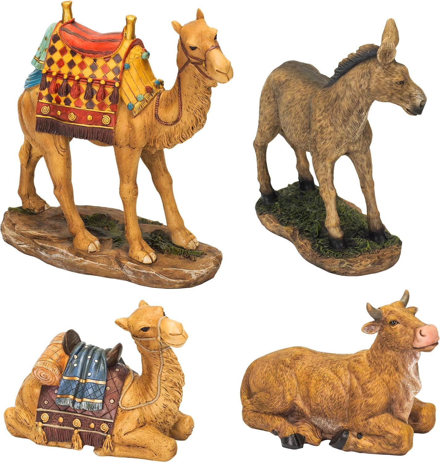 Three Kings Gifts Nativity Animals Set, 4-Piece Polystone Standing and Sitting Camels, Donkey, and Ox Figures, Flat Bottom Base Collectibles for 14-Inch Scale Nativity Scene