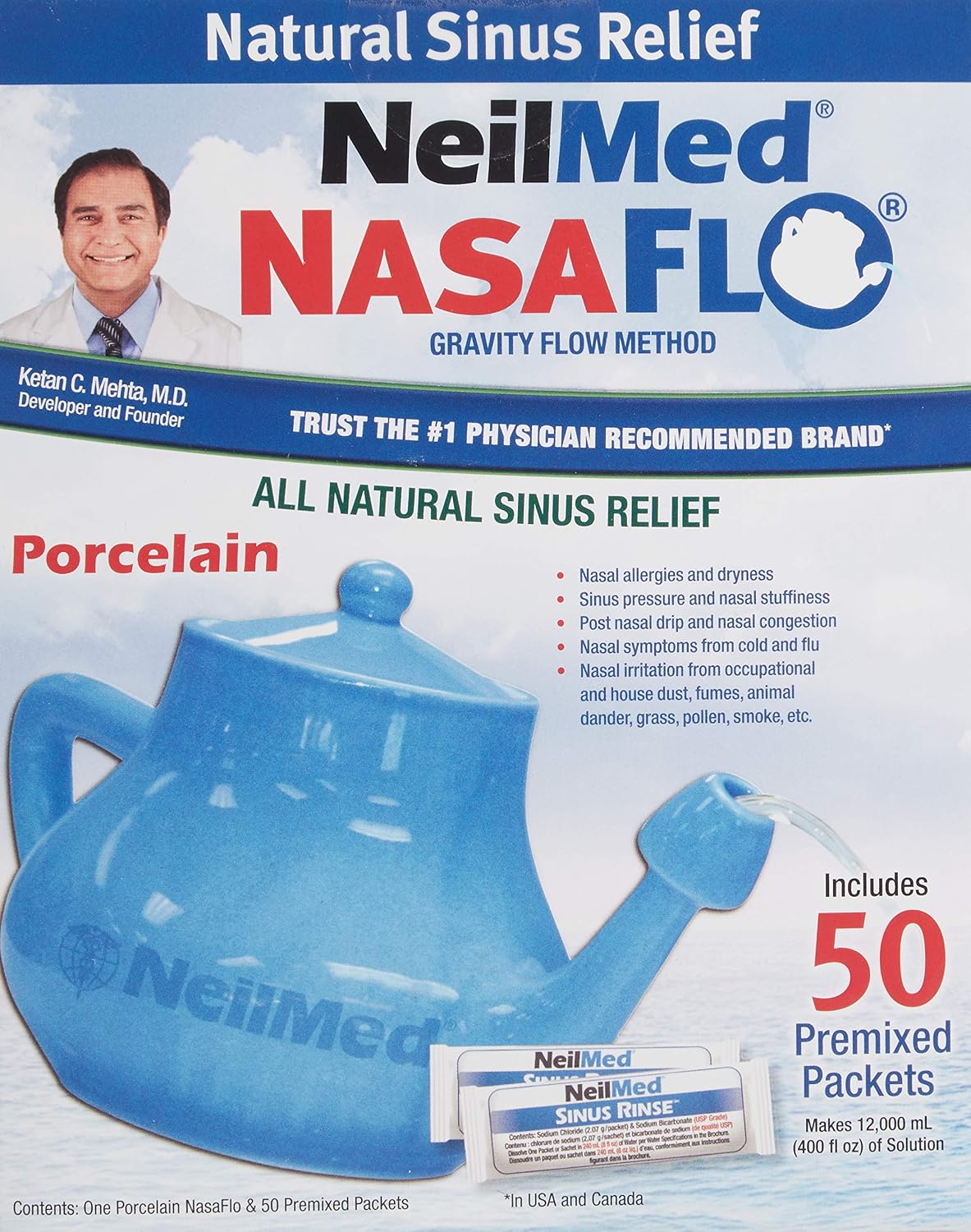 NeilMed Nasaflo Porcelain Neti Pot, 50 Count