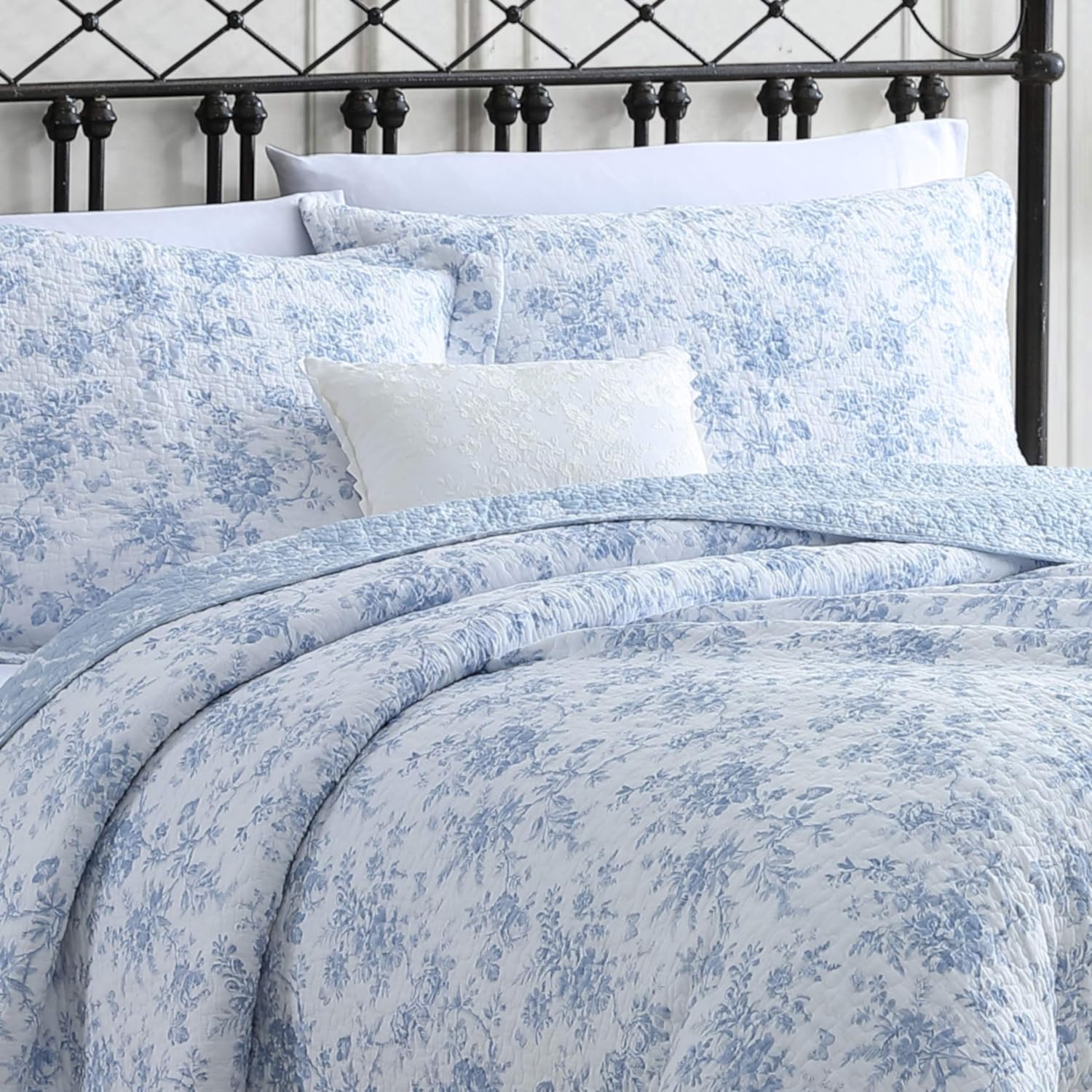 Laura Ashley - Queen Quilt Set, Soft Cotton Bedding with Matching Shams, Reversible Floral Toile Design, Floral Room Decor