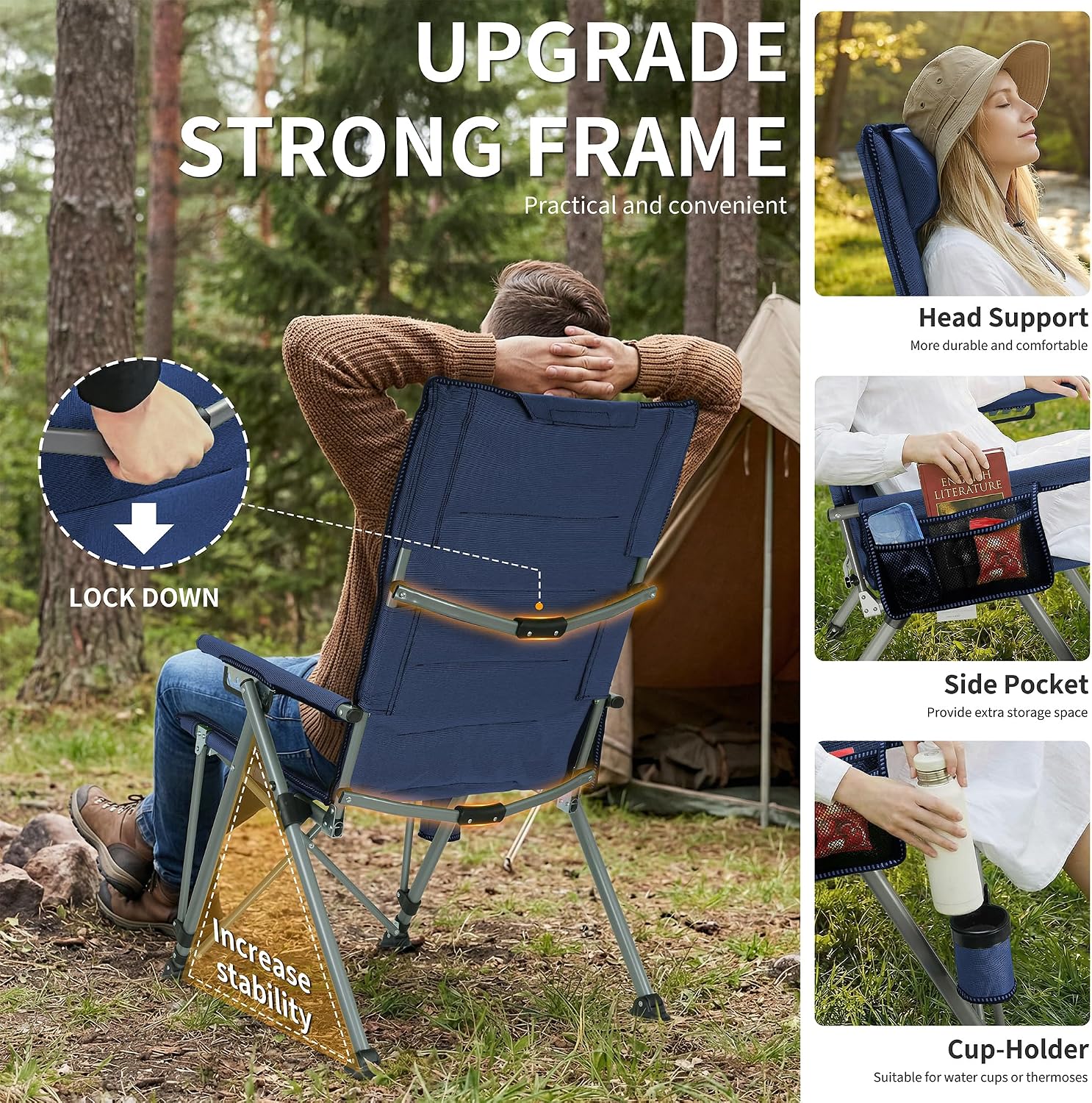 Adjustable Back Folding Camping Chair for Camp, Picnic, Lawn, Fishing | Adjustable Back; Weight Capacity 400 LBS;Hard Arm Portable Chair;Cup Holder;Storage Bag;carrying bag