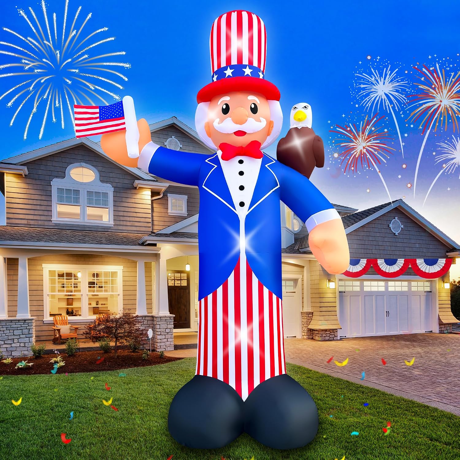 SEASONBLOW 12FT Independence Day Inflatable Uncle Sam with Bald Eagle Decorations Patriotic 4th of July LED Light Up Blow up Flag for Home Yard Lawn