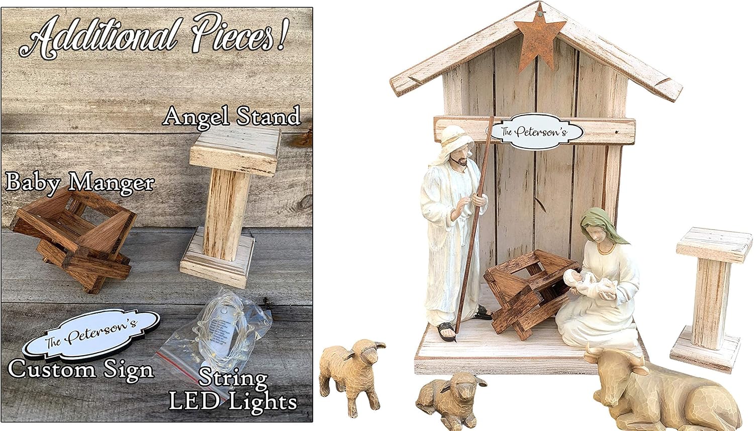 Stable Creche for Nativity Fireplace Mantle Wood (Fits Willow Tree Figures) *Christmas Decor Accessories Available- Personalized Sign Baby Manger