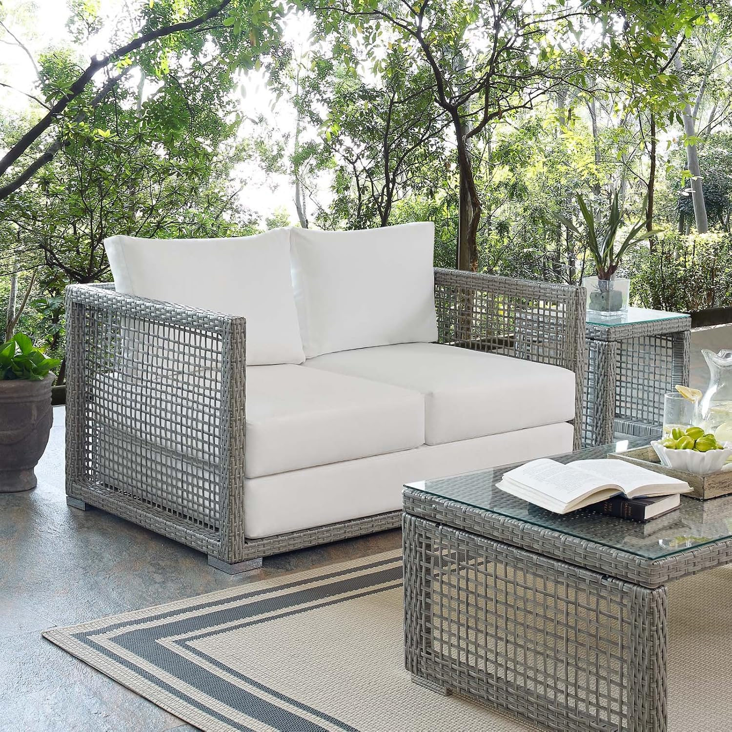 Modway EEI-2924 Aura Wicker Rattan Outdoor Patio 52" Loveseat with Cushions in Gray White