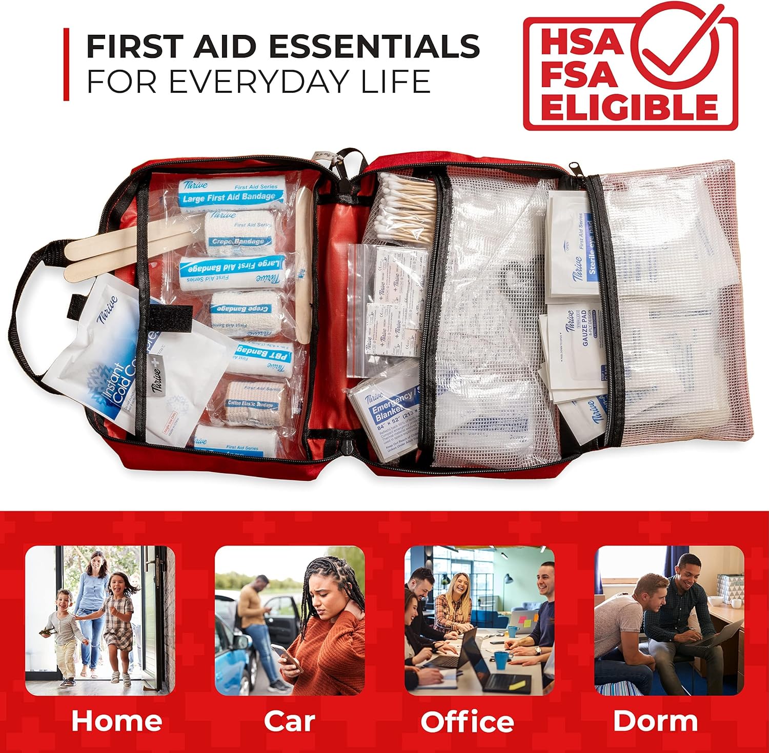 Thrive Mini First Aid Kit - Compact Travel Essentials Pack - Waterproof Camping Essentials Set - Portable Car First Aid Kit & Hiking Supplies Pouch - 66-Piece Set, Red Shell Case