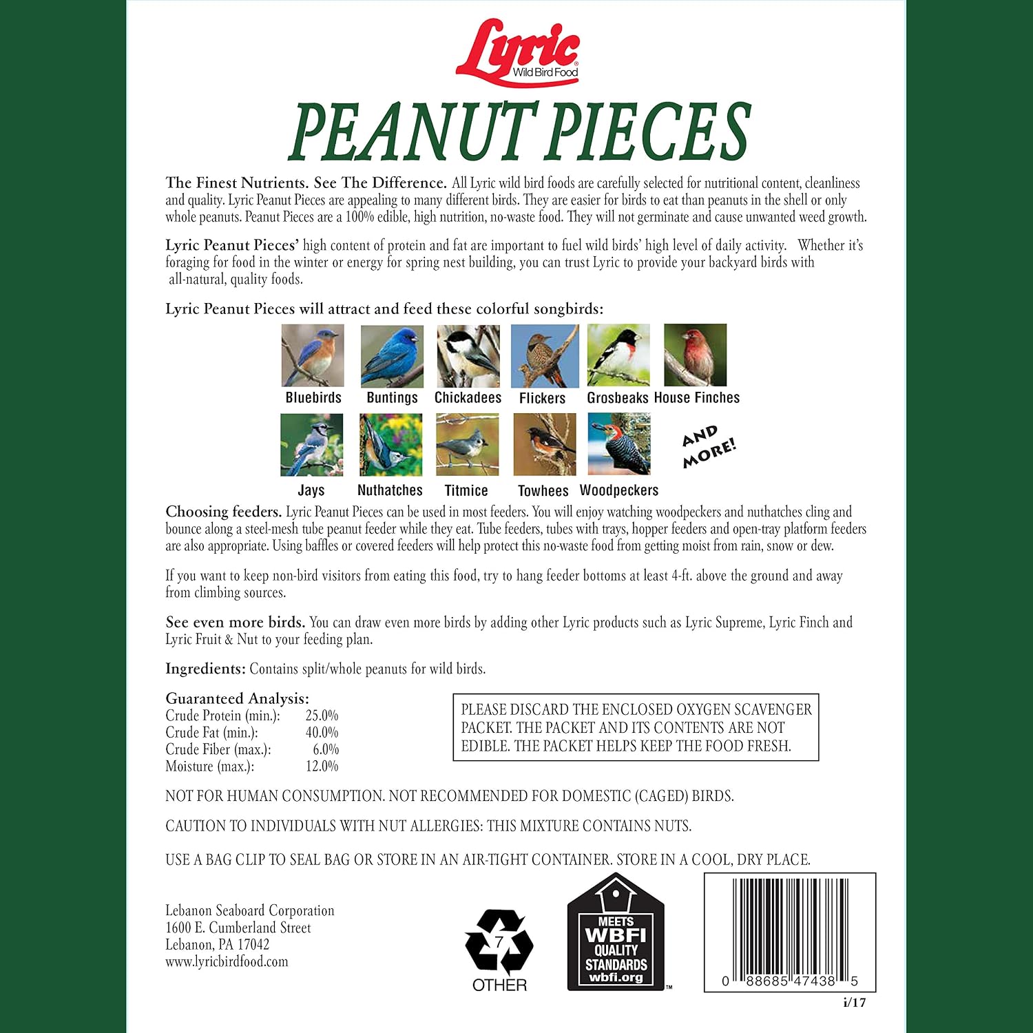 Lyric Peanut Pieces Wild Bird Seed 15 lb Bag - Shelled Peanuts Wild Bird Food for Outside Feeders - Attracts Titmice, Woodpeckers, Chickadees & More | Lyric Peanut Pieces Wild Bird Seed - Shelled Peanuts, 15 lb. Bag