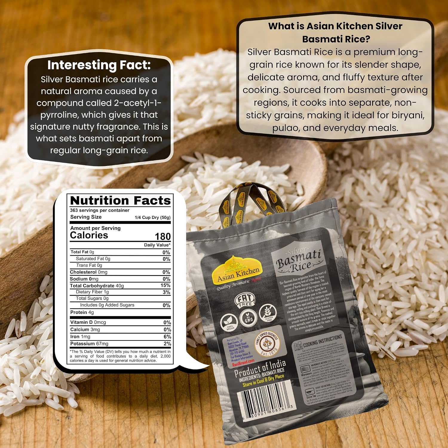 Asian Kitchen Platinum White Basmati Rice Extra Long Aged 20lbs (9.08kg) ~ All Natural | Gluten Friendly | Vegan | Indian Origin | Export Quality