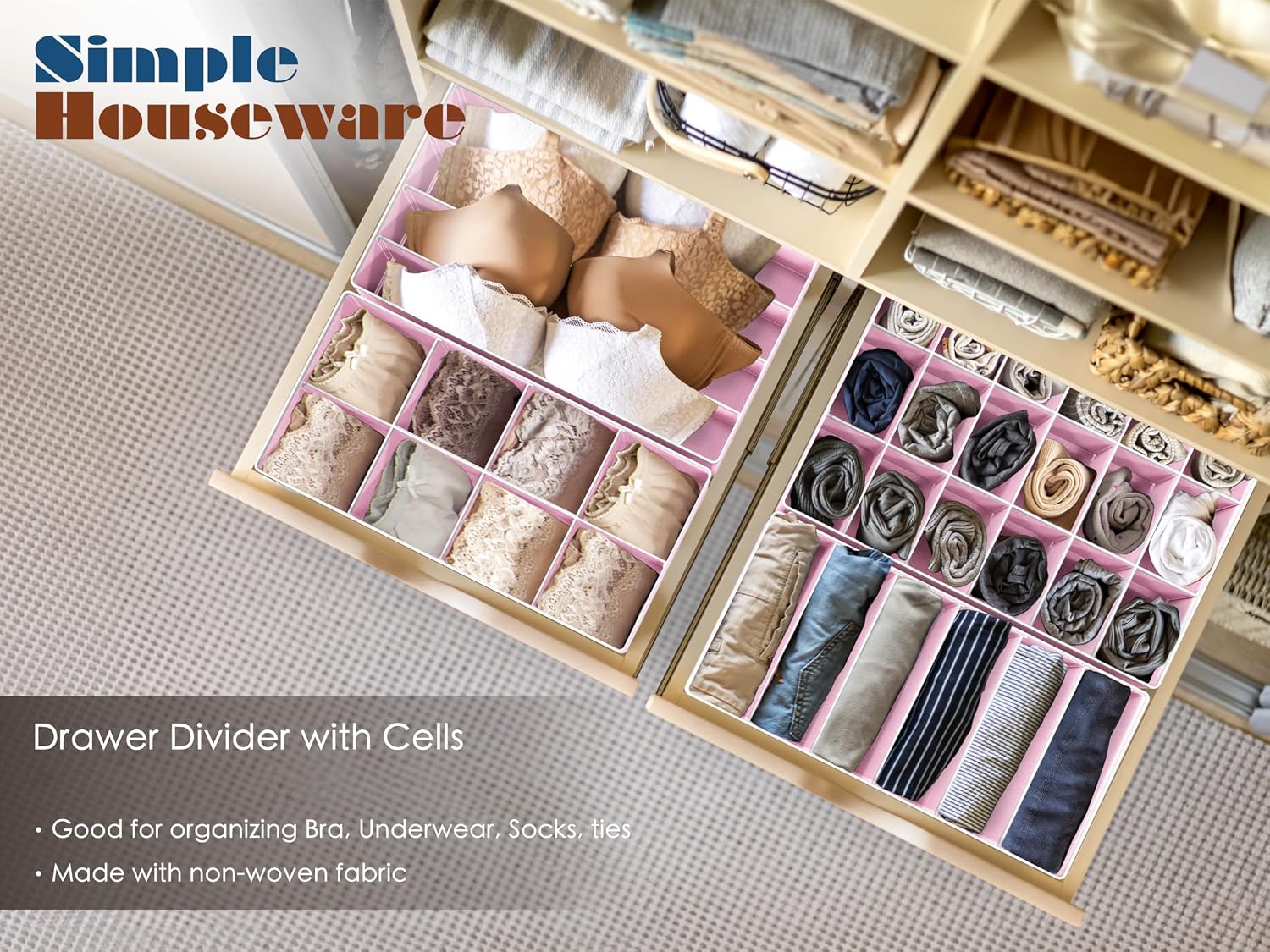 Simple Houseware 4-Pack Drawer Organizer Set for Underwear/Socks/Bra, Gray | Closet Dividers for Underwear, Socks, Bras, Scarves, Ties - Foldable Non-Woven Storage Boxes