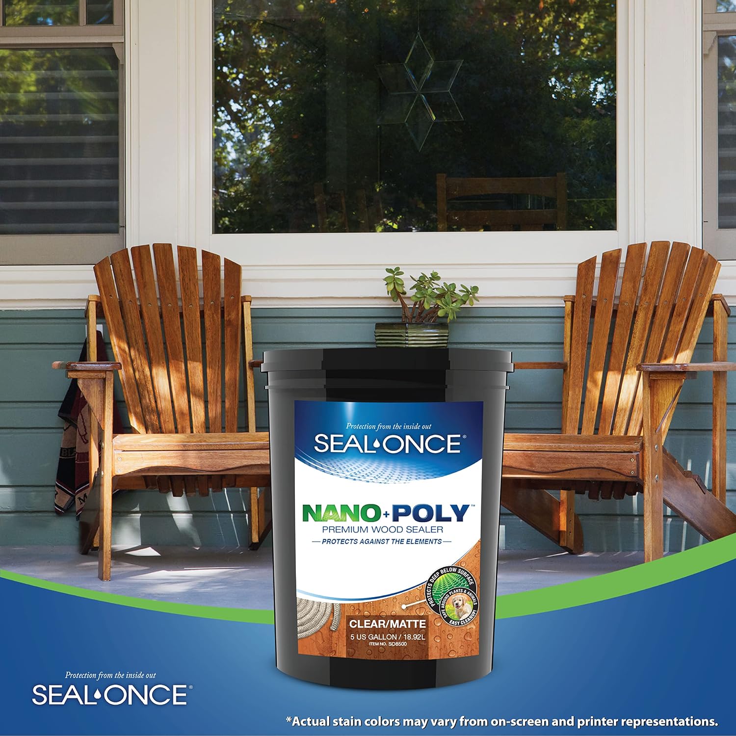 Seal-Once Nano+Poly Wood Sealer and Waterproofer, Clear, 1 Gallon | With Polyurethane, Water-based, Low-VOC, Waterproofer & Stain, For Decks, Fences & Log Homes