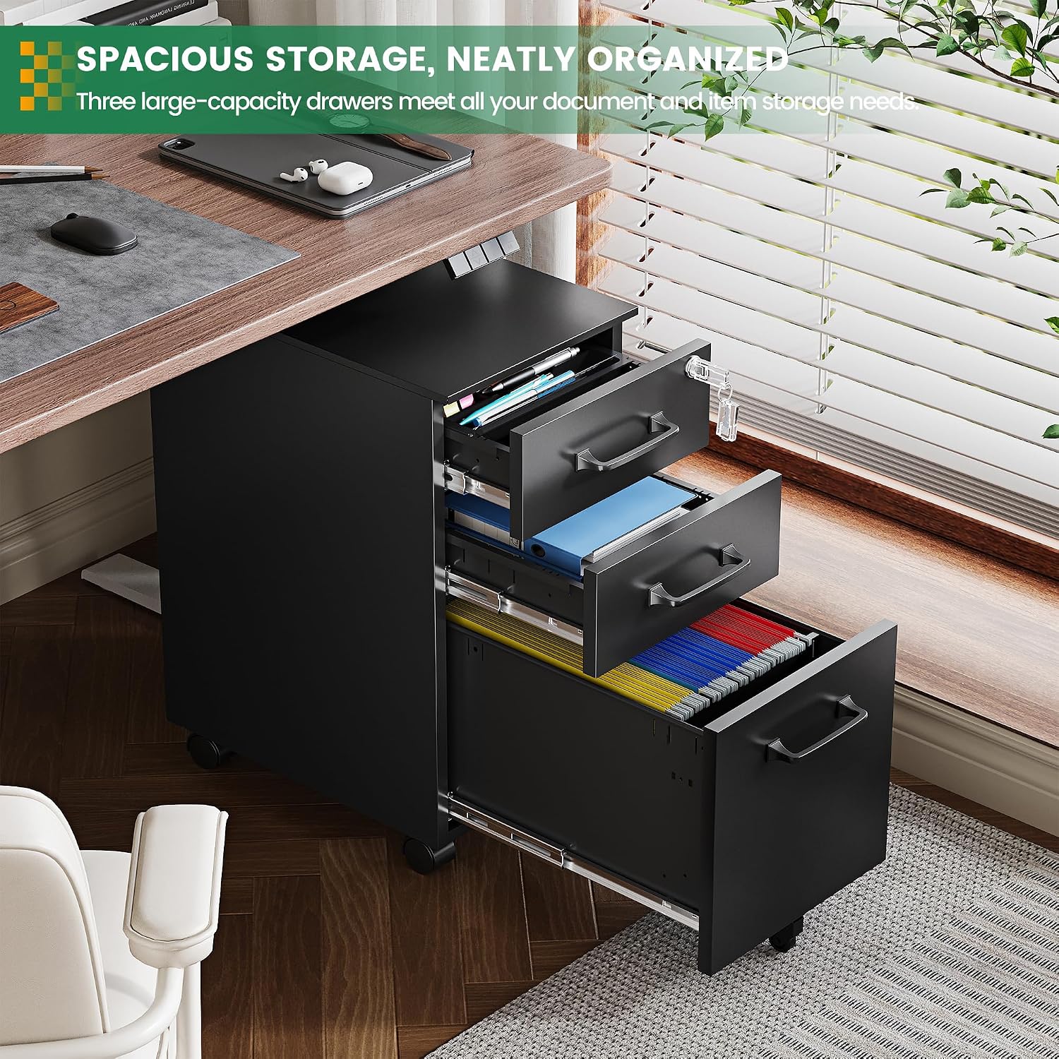 3 Drawer File Cabinet with Lock,Mobile Lateral Filing Cabinet with Side Hook for Letters/Legal/A4, Metal Printer Stand Storage Cabinets with Shelves for Home Office(Black)
