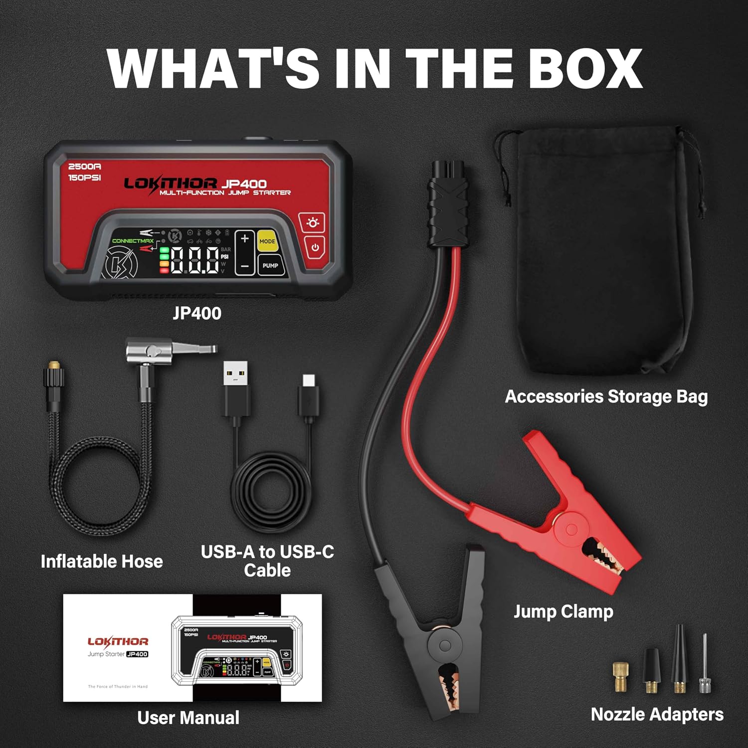 LOKITHOR JP400 Jump Starter with Air Compressor for 8.5L Gas/6.5L Diesel | 2500A 12V Portable Jumper Starter for Car, 150PSI Tire Inflator, 300 Lumen LED Light, Power Bank, ConnectMax, Jumper Cables