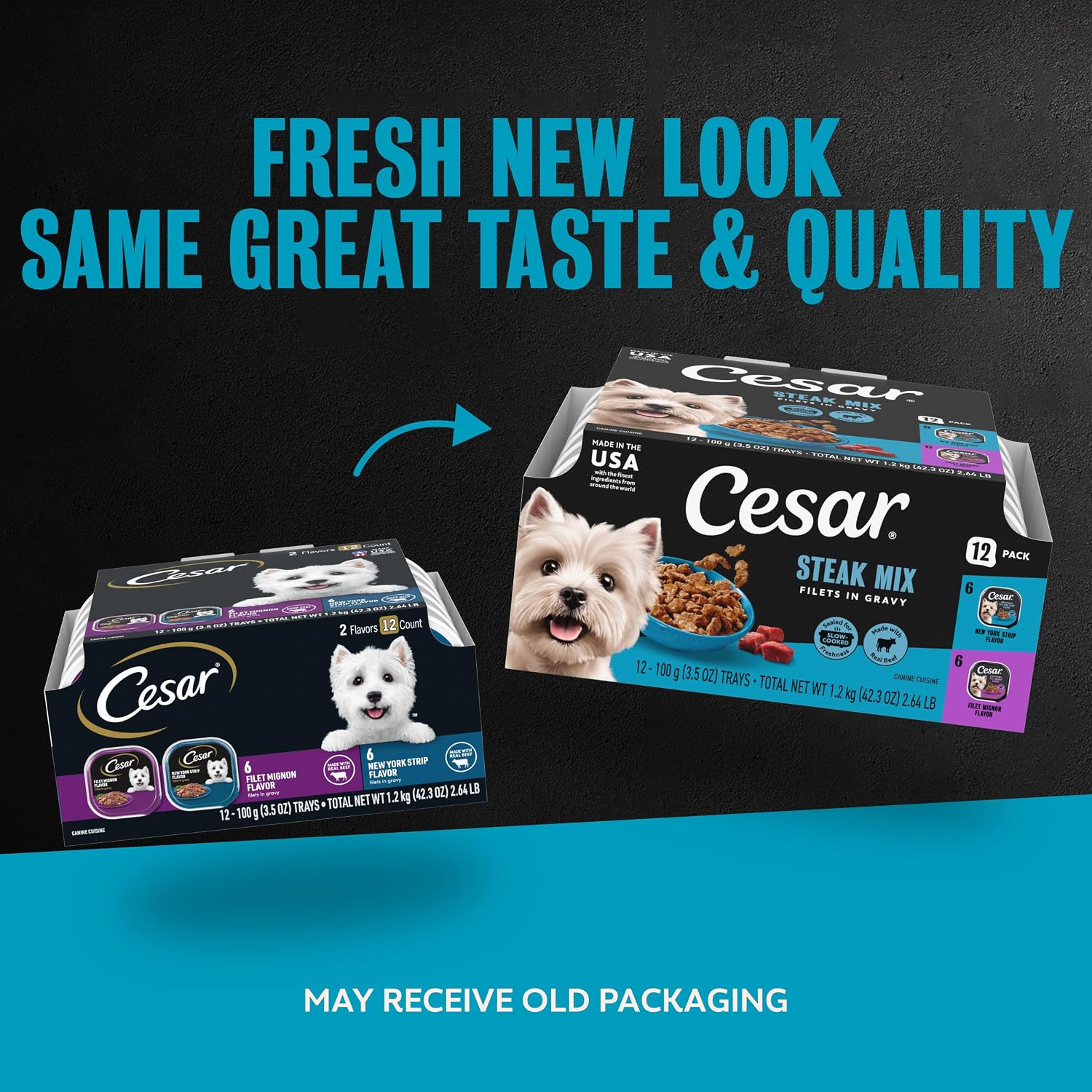 Cesar Filets in Gravy Wet Dog Food, Steak Mix Variety, 3.5 oz, 24 Count | Filet Mignon, New York Strip & Prime Rib, real meat, slow-cooked, no fillers/added sugar/artificial flavors, easy peel trays