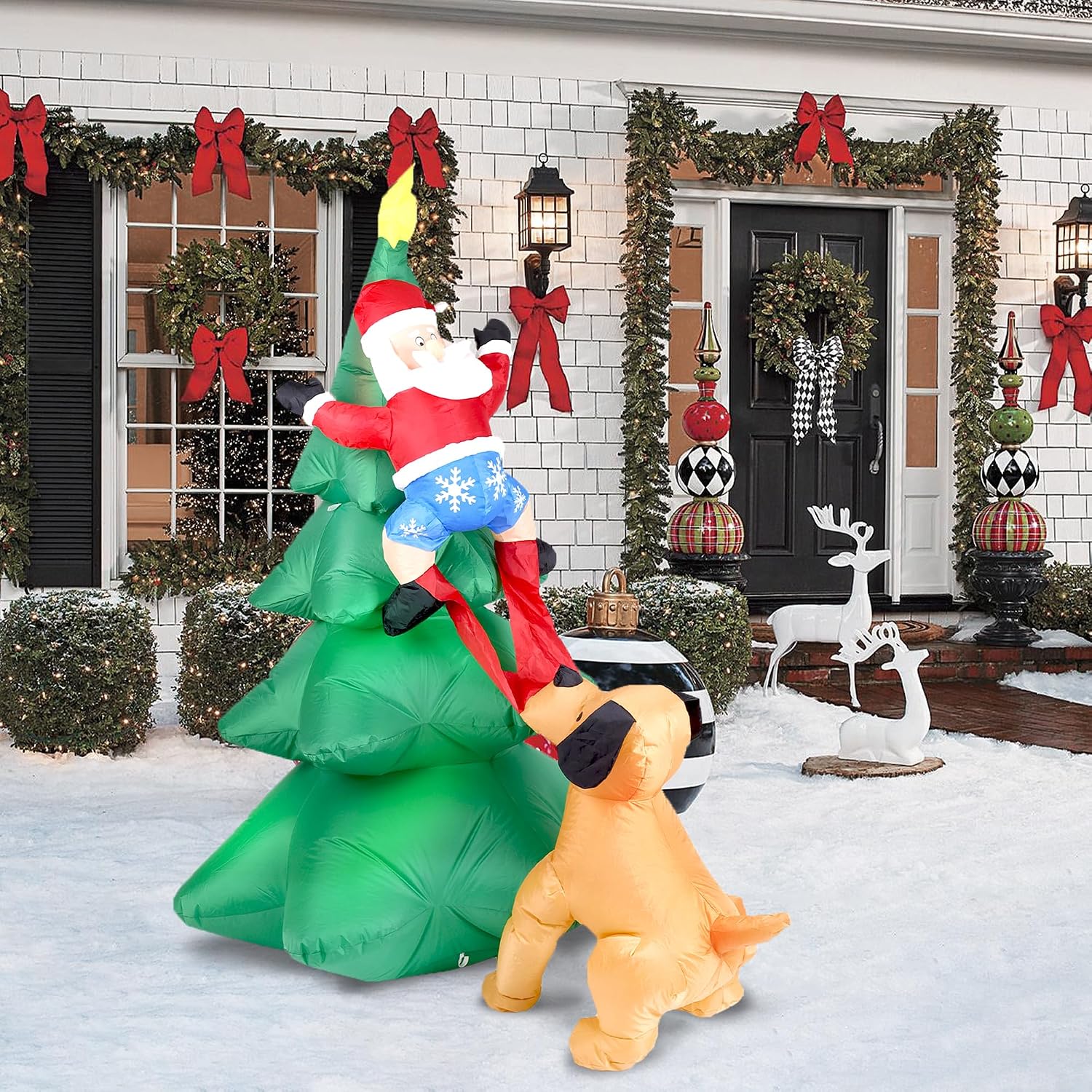 6.5FT H Animated Christmas Inflatable Tree with Santa Claus Chased by Dog Build-in LED Lights Funny Inflatable Dog Chasing Santa Claus,Blow Up Christmas Indoor Outdoor Decor