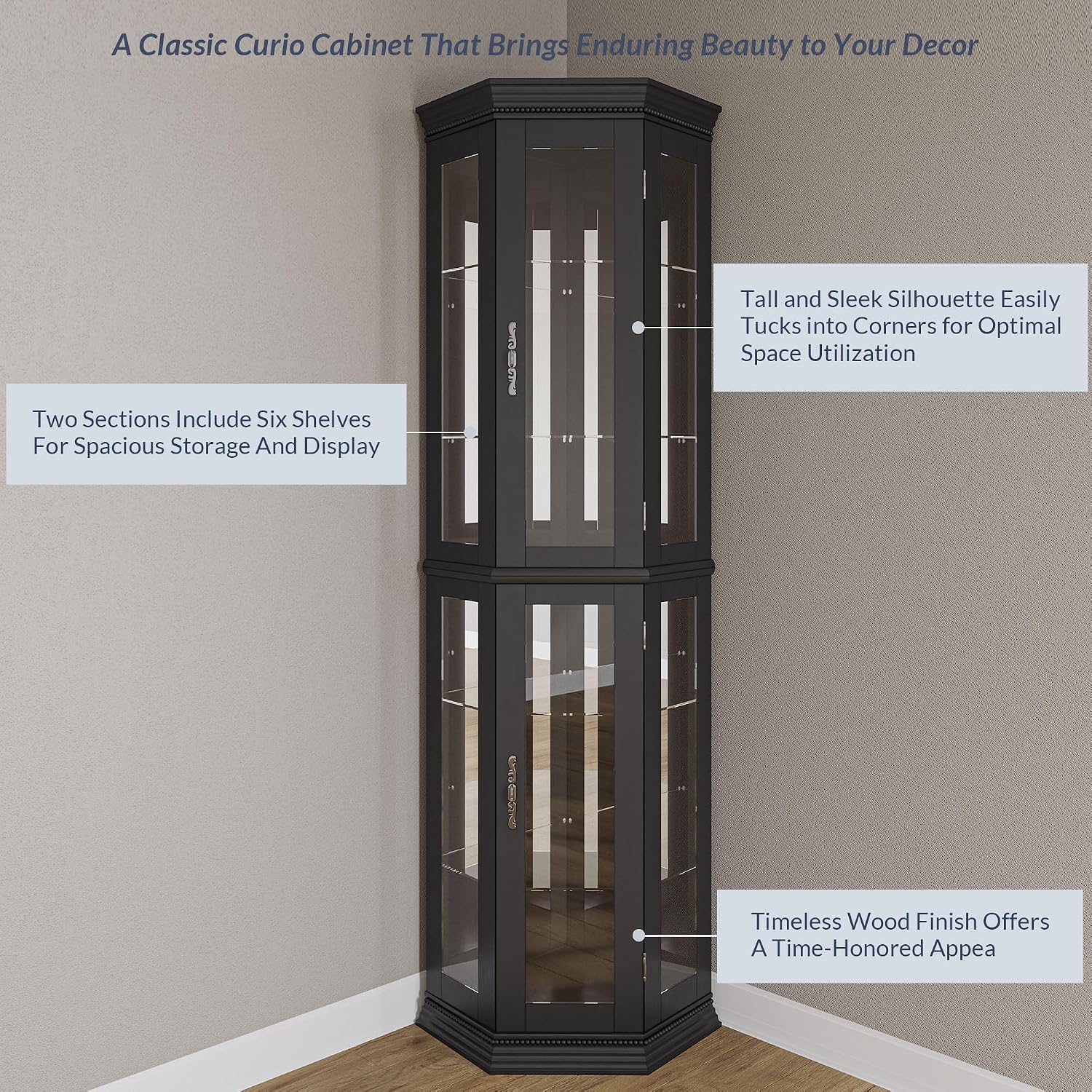 BELLEZE Lighted Wooden Corner Display Curio Cabinet, Two Section Shelving Unit with Tempered Glass Door