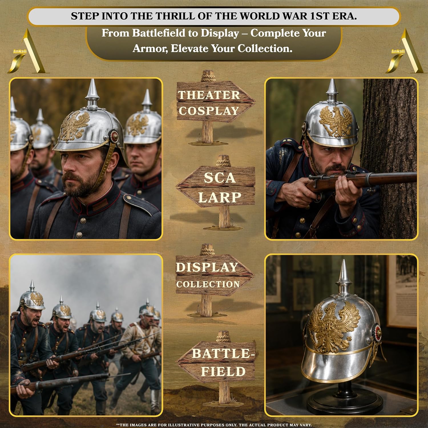 AnNafi® German Pickelhaube Military Helmet, Steel Imperial Prussian Officer Spiked, WWI & WWII Helmets Replica