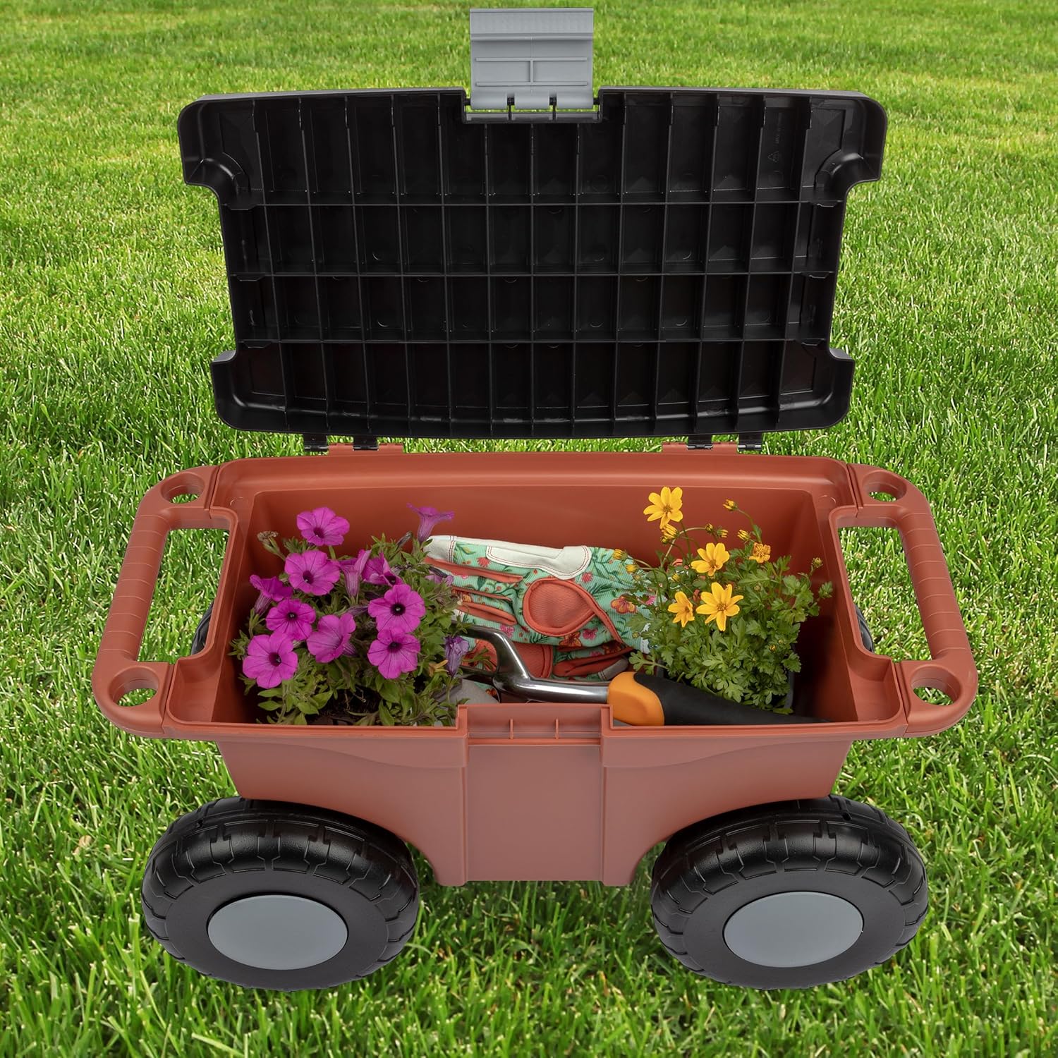 Rolling Garden Cart with Seat - Plastic Storage with Bench and Interior Tool Tray - Gardening Stool for Weeding and Planting By Pure Garden (Green) | Plastic Storage with Bench and Interior Tool Tray - Gardening Stool for Weeding and Planting
