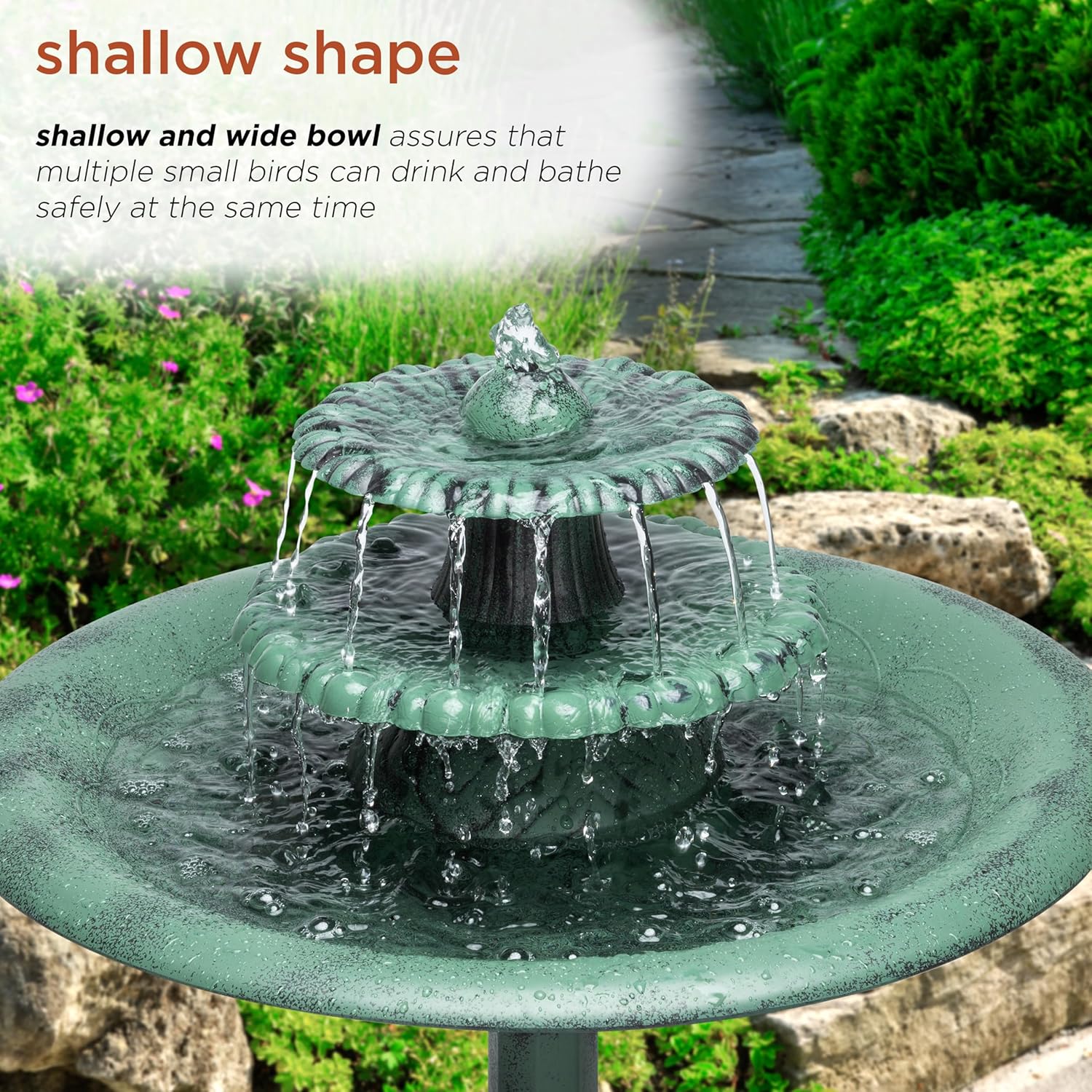 Alpine Corporation 35" Tall 3-Tier Outdoor Pedestal Water Fountain – Durable Resin Cascading Water Feature and Birdbath for Garden, Patio, Deck