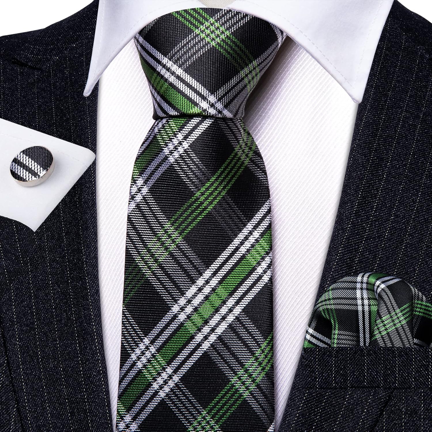 Barry.Wang Plaid Ties for Men Silk Necktie Handkerchief Cuff Links Set