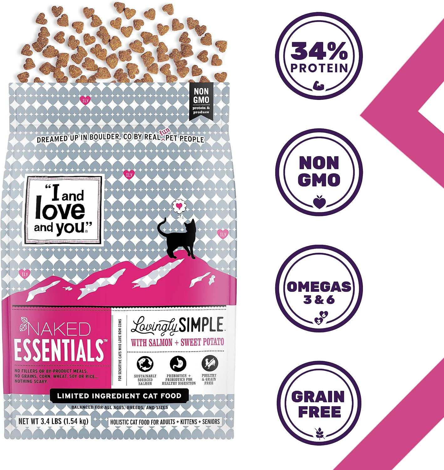 I and love and you Naked Essentials Dry Cat Food - Salmon + Trout - Grain Free, Real Meat, No Fillers, Prebiotics + Probiotics, 3.4lb Bag