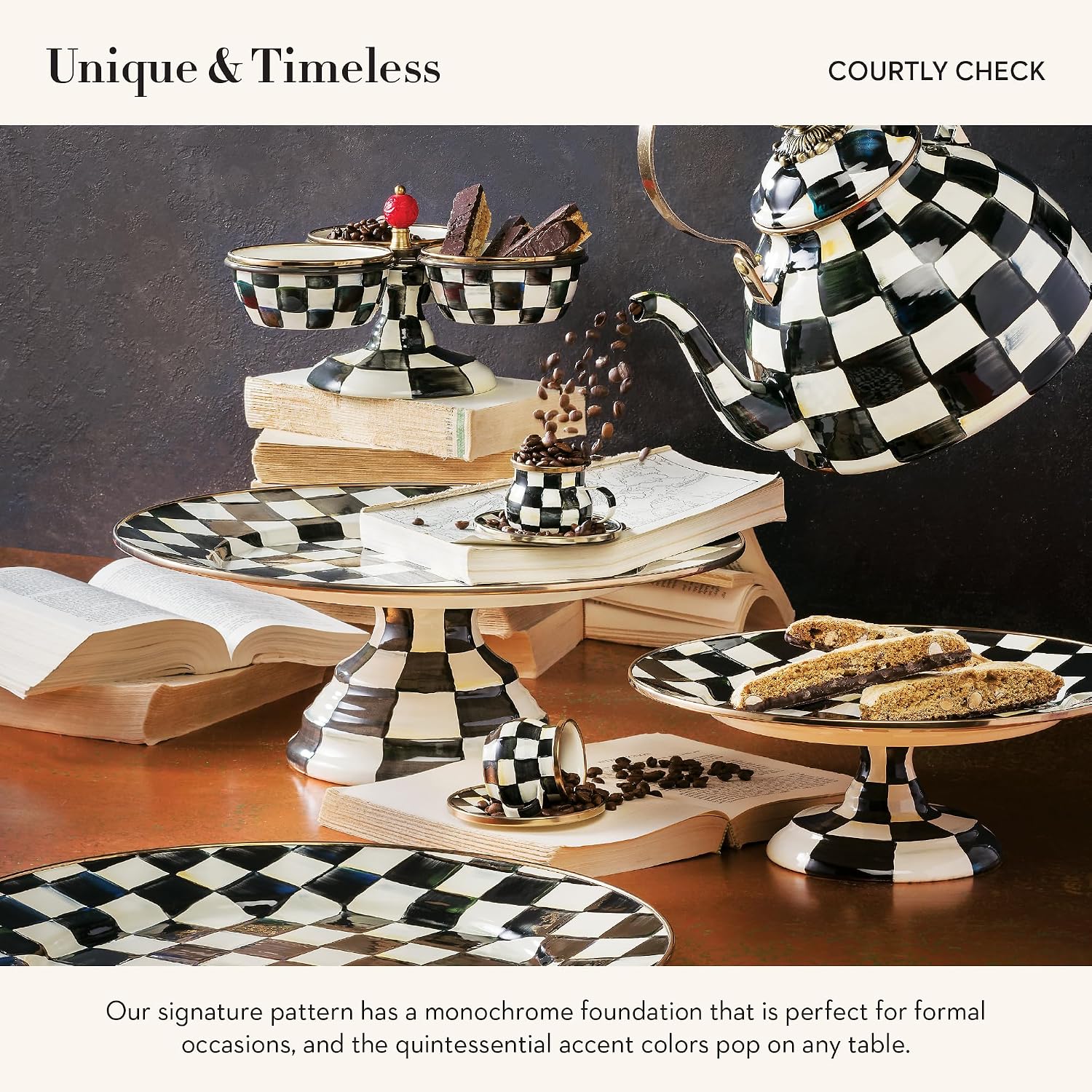 MACKENZIE-CHILDS Espresso Cup & Saucer Set, Black-and-White Courtly Check
