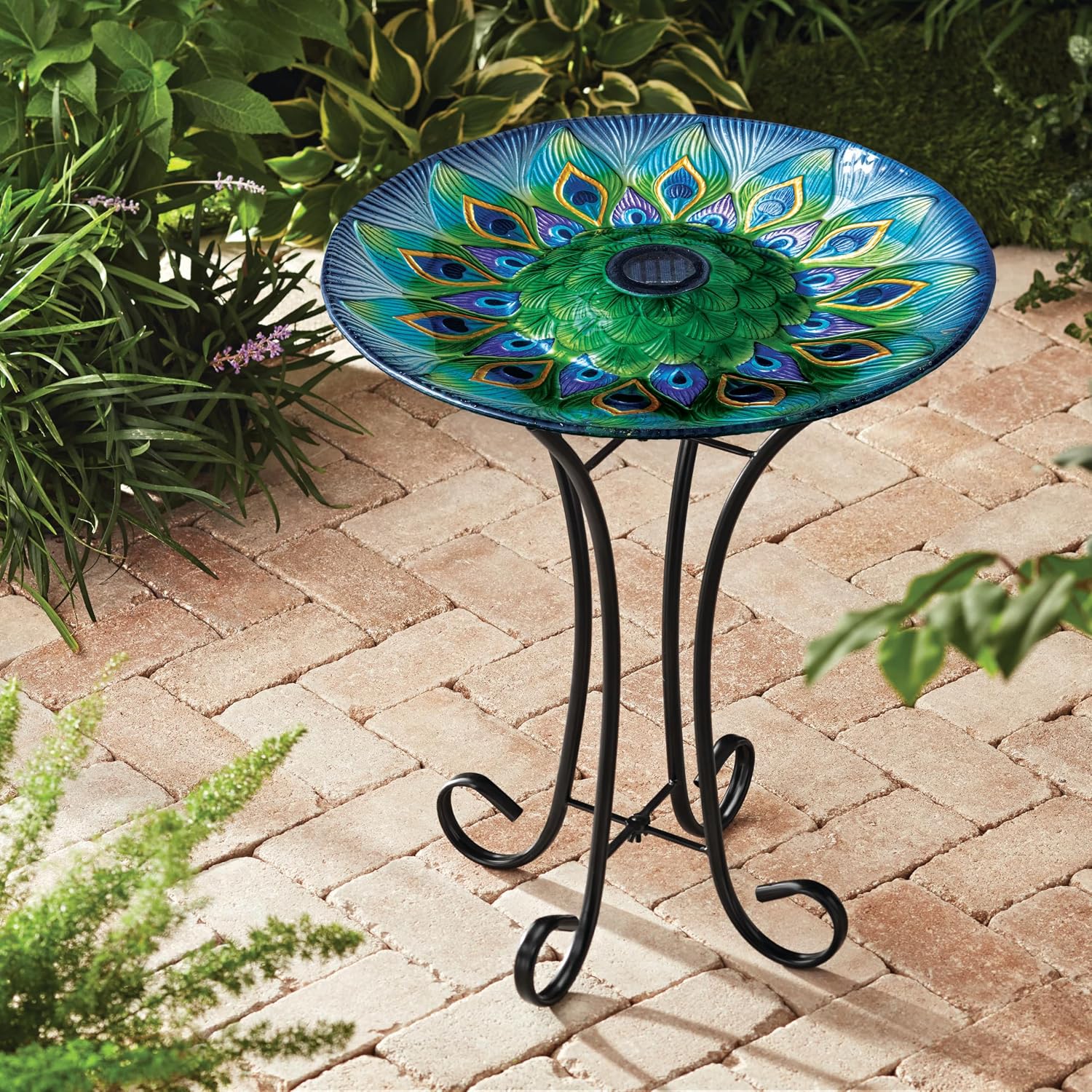 Teamson Home Handpainted Hummingbird Fusion Glass Birdbath Bowl Feeder with Metal Stand for Outdoor Patio Garden Backyard Decking, 21 Inch Height, Purple/Light Blue | Fusion Glass, Metal Stand, Outdoor Patio Garden Backyard Decking, 21 Inch Height