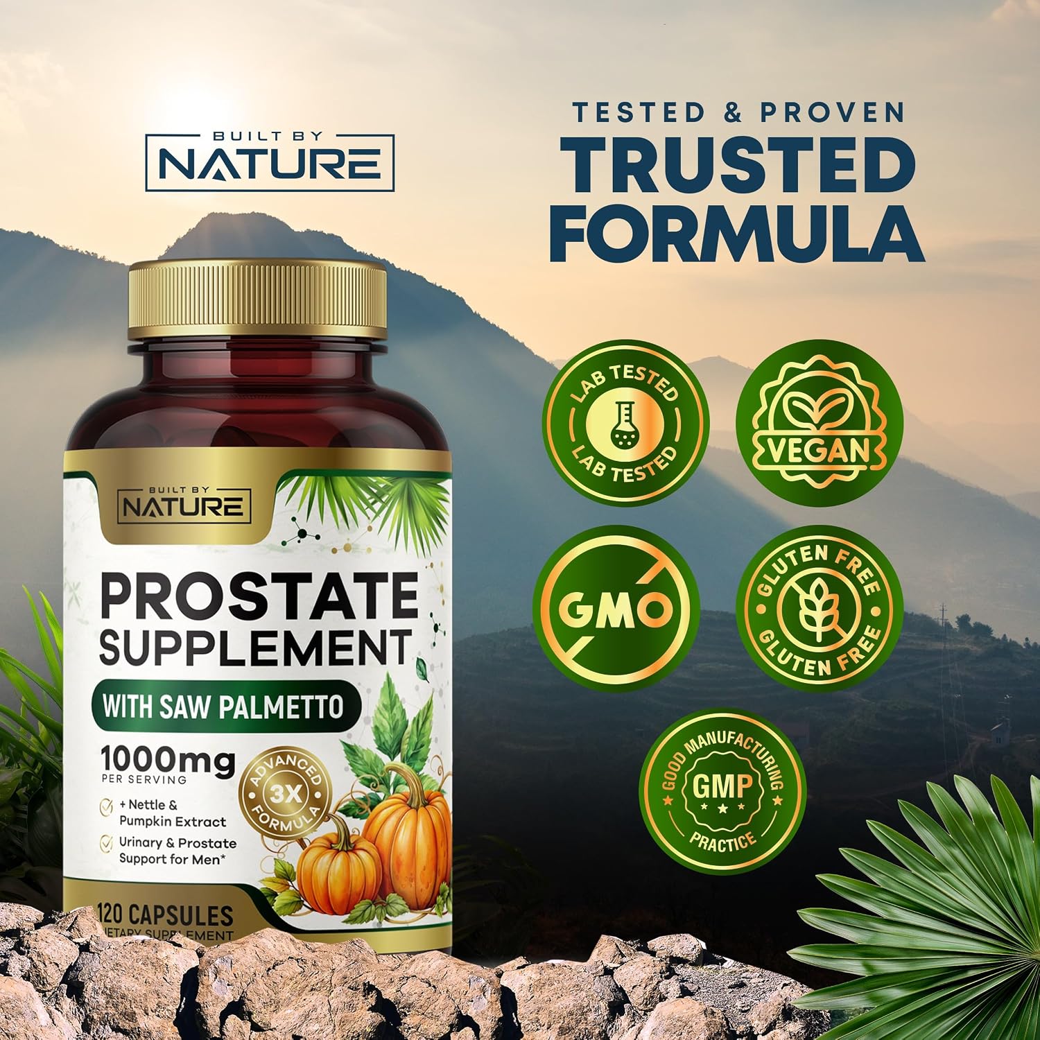 Built by Nature Prostate Supplement for Men, 120 Capsules Saw Palmetto, Advanced 3X Formula, Stinging Nettle and Pumpkin Seed Extract