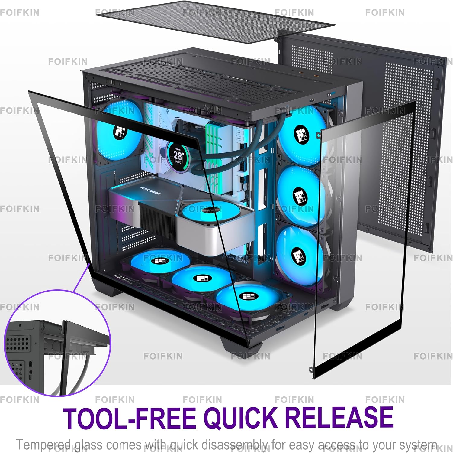 FOIFKIN F600 PC Case - Pre-Installed 7 PWM ARGB Fan, ATX Mid-Tower Gaming PC Case, 270° Panoramic Glass with Type-C, FOIFKIN (Black, F600)