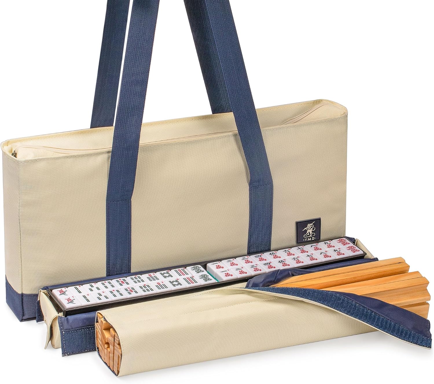 Yellow Mountain Imports American Mahjong Set, Mojave (Ivory) with Brown Soft Case, All-in-One Racks with Pushers, Wright Patterson Scoring Coins, Dice, & Wind Indicator