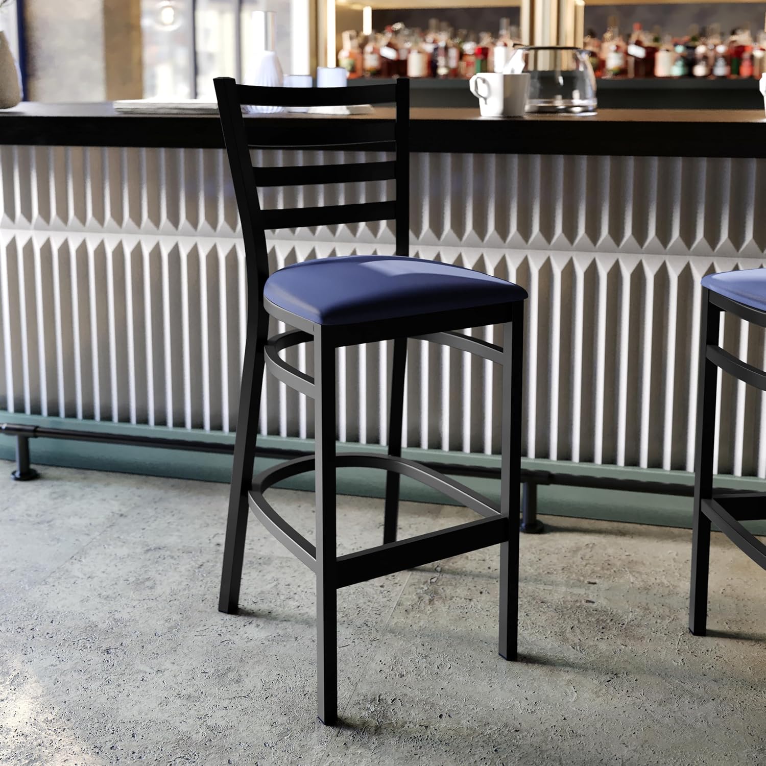 Flash Furniture Hercules Series Ladder Back Metal Restaurant Barstool, Modern Upholstered Armless Bar Height Chair for Restaurants and Kitchens, Black | Vinyl Upholstery, Durable Construction, Commercial Use