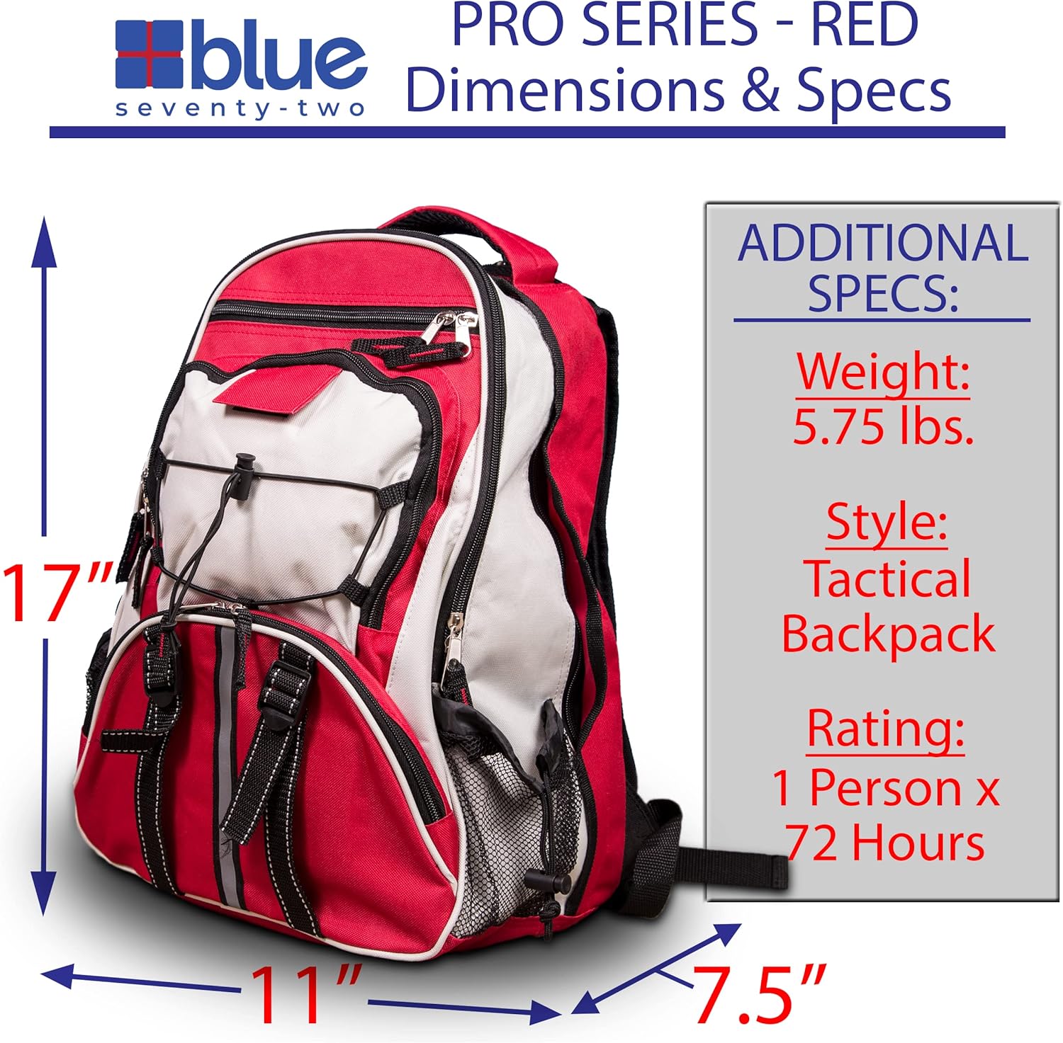 Blue Seventy-Two - Pro Series - Red Deluxe 72 Hour Emergency Backpack Survival Kits for 1 Person | Survival Kits for Wildfires, Earthquakes, Tornado