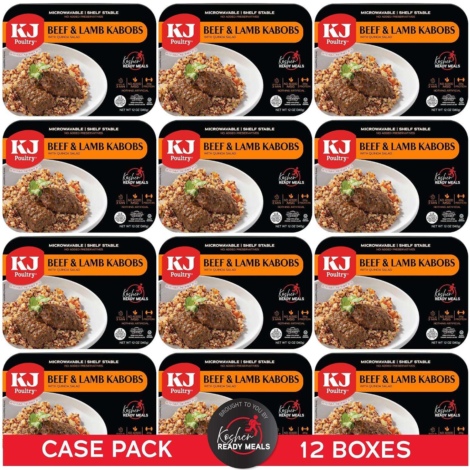 KJ Poultry Kosher Ready Meals - Beef Lamb Kabob & Quinoa, MRE Meat Meals Ready to Eat (1 Pack) Prepared Entree Fully Cooked, Shelf Stable Microwave Dinner Travel, Military, Camping, Emergency Survival