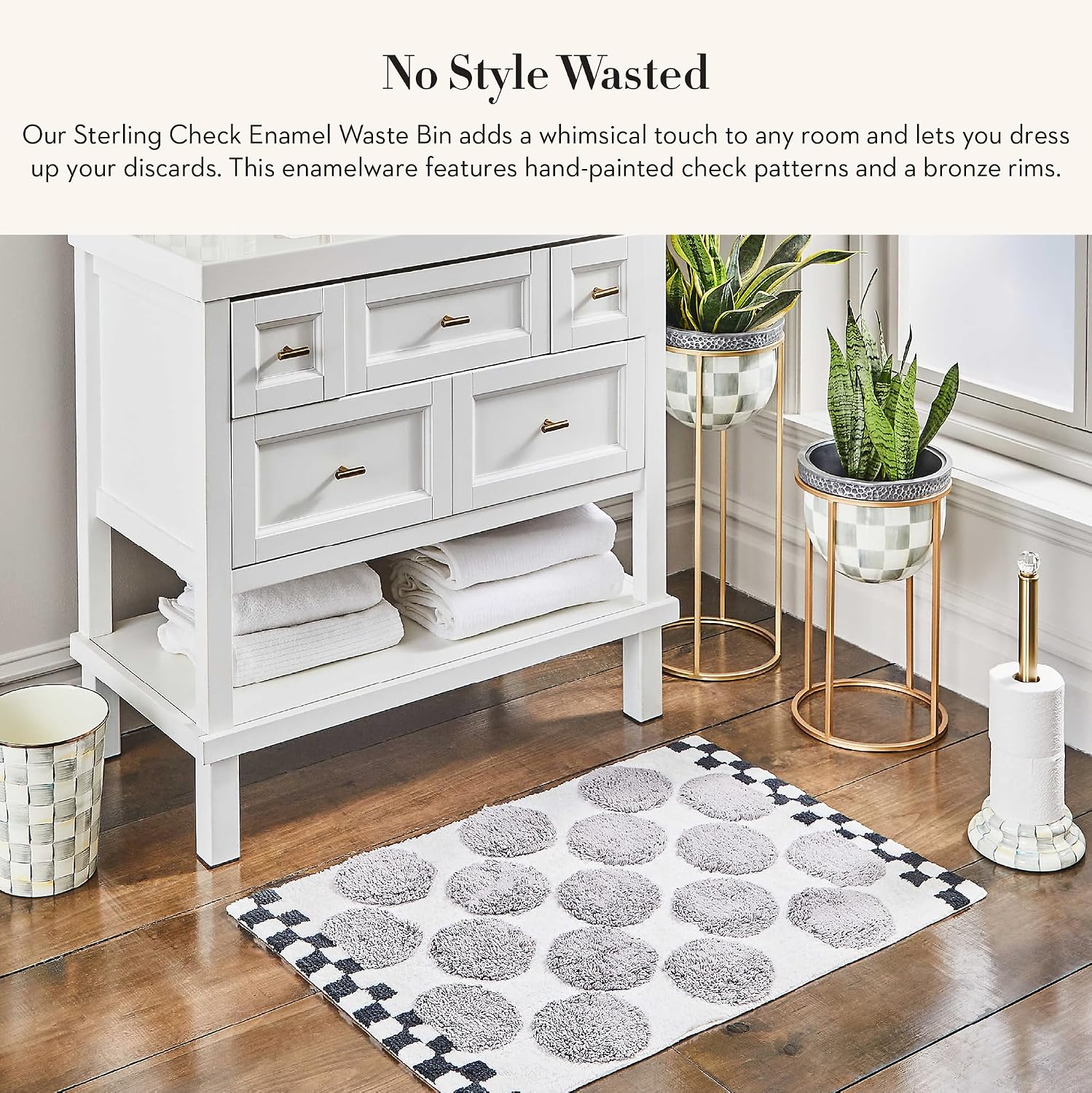 MACKENZIE-CHILDS Waste Bin, Black-and-White Courtly Check | Hand-painted design, made from enameled steel, decorative bedroom or bathroom trash can, 8" dia. x 9.5" H