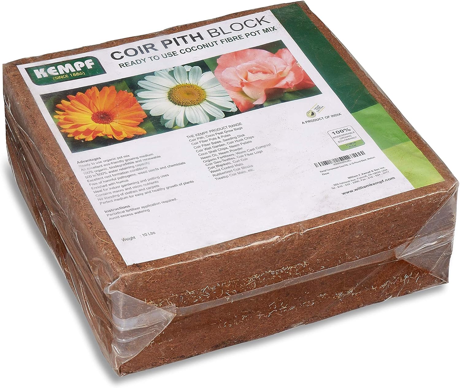 Compressed Coco Coir Pith Block, 10 Pound Block, Natural Potting Mix, Expands to 18 Gallons
