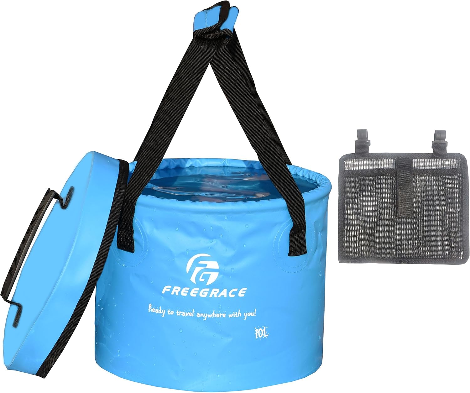 Freegrace Collapsible Bucket with Mesh Tool Pocket - 10L, 16L & 23L Portable Folding Water Container - Heavy Duty 500D Tarpaulin, BPA-Free Wash Basin for Camping, Fishing, RV, and Car Washing
