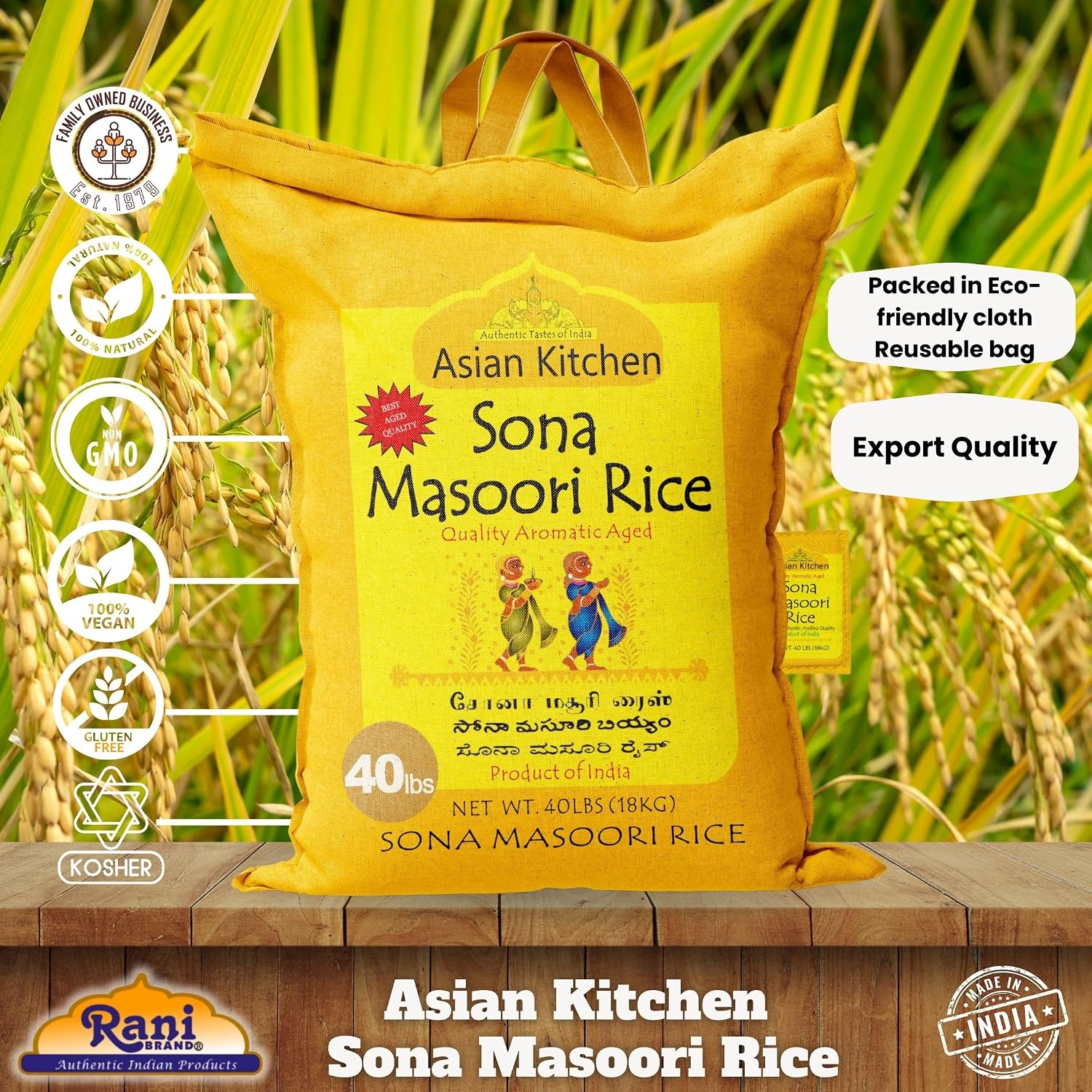 Asian Kitchen White Sona Masoori Aged Rice 20-Pound Bag, 20lbs (9.08kg) Short Grain Rice ~ All Natural | Gluten Friendly | Vegan | Kosher | Indian Origin | Export Quality