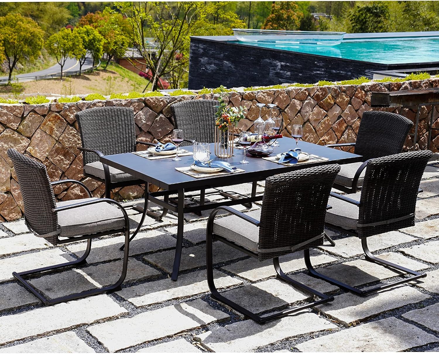Grand patio 4 Pieces Outdoor Patio Metal Dining Chairs, C-Spring Motion Wicker Dining Chairs Set of 4 with Seat Cushions for Lawn Garden Backyard Deck