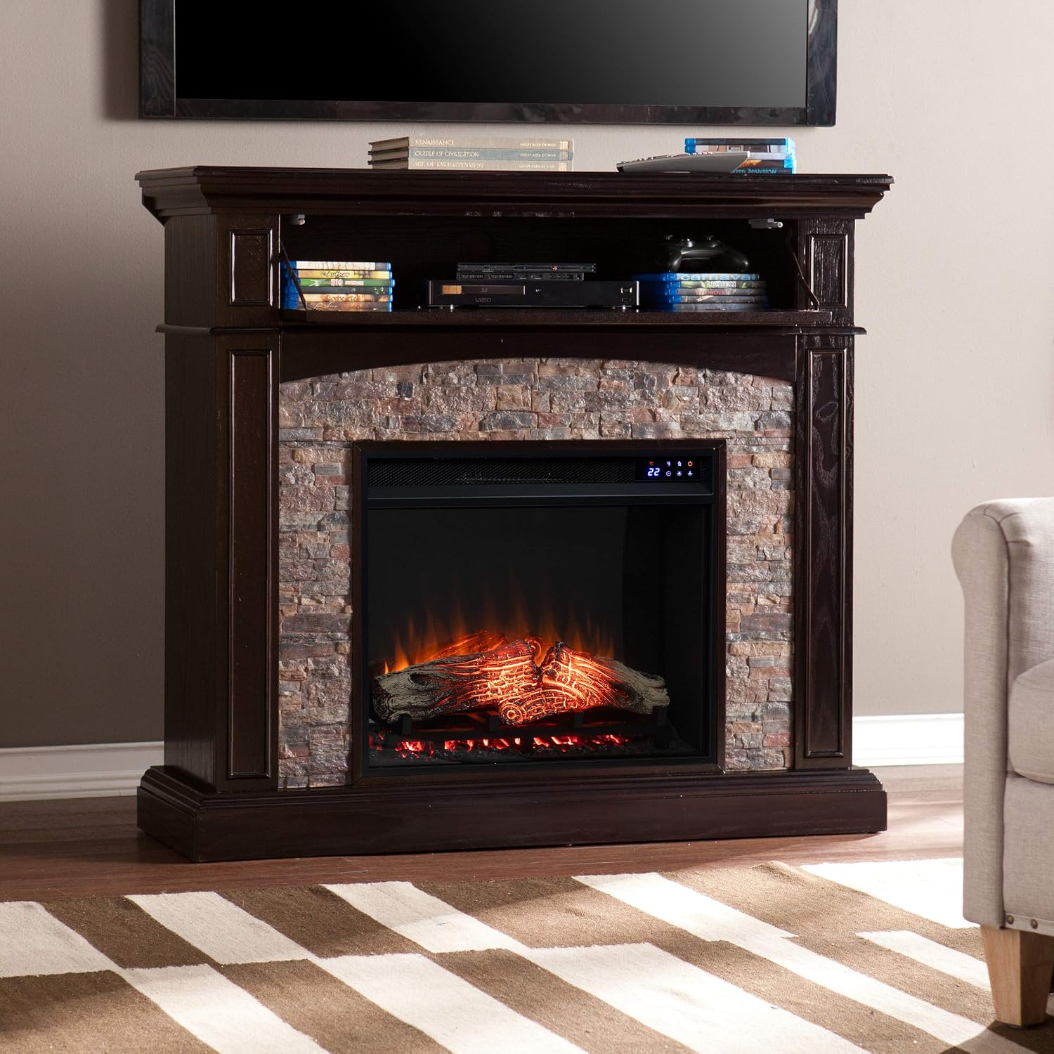SEI Furniture - Grantham Convertible Touch Screen Electric Fireplace - Transitional Design, Brown Glass and Wood - Ideal for Living Room